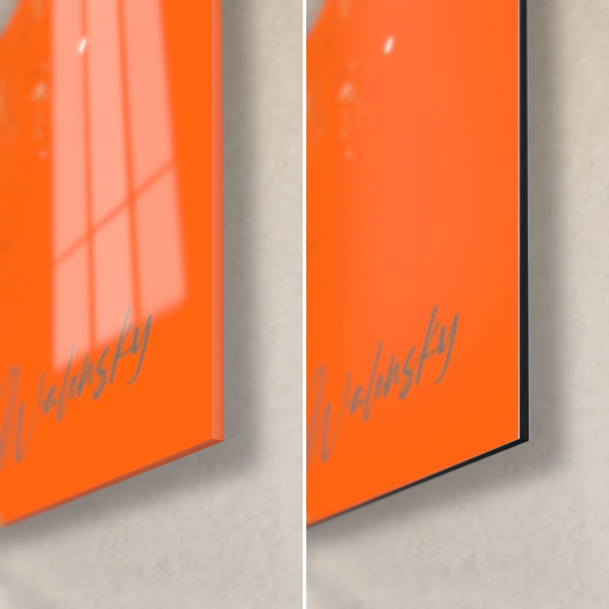Wall art with orange and black graphic vibration, bottom right corner: glossy acrylic glass on the left, matte Dibond and edge on the right