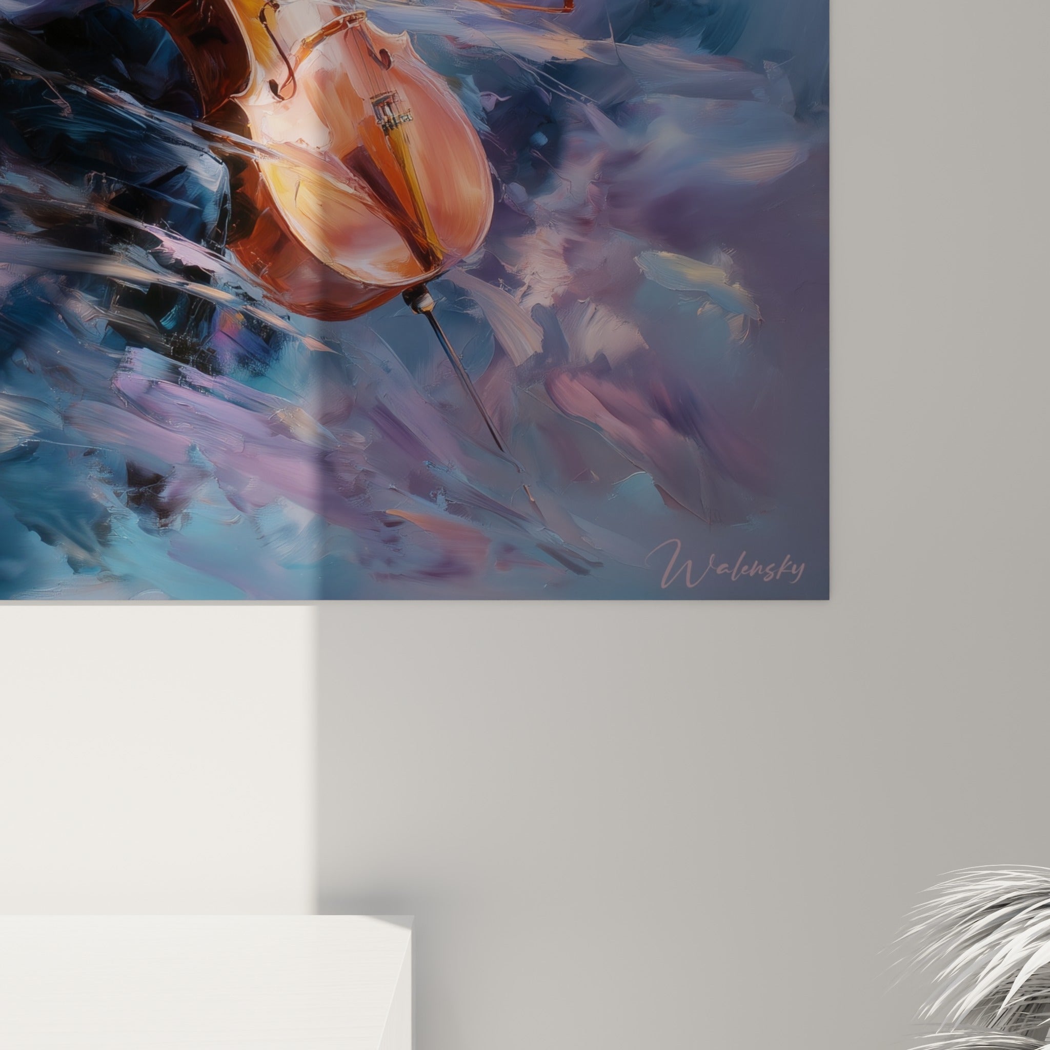 Empâtements pêche et bleu marine se fondant sur la toile, matière épaisse au grain visible de la peinture