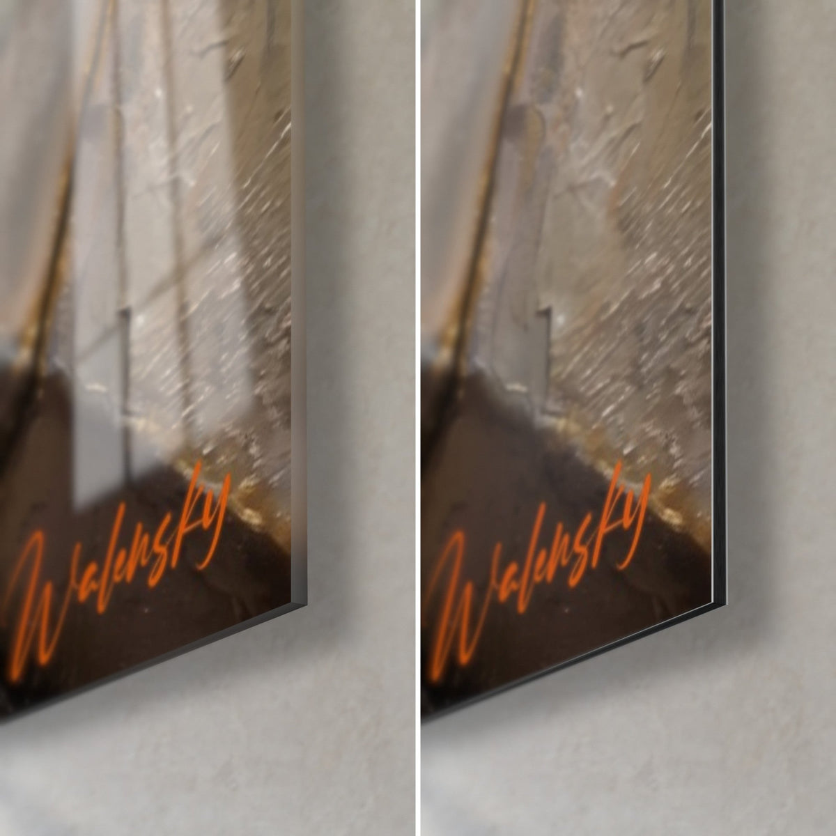 Gemälde mit abgenutztem Elfenbein und rissigen goldenen Linien, untere rechte Ecke: glänzendes Acrylglas links, mattes Dibond-Aluminium rechts