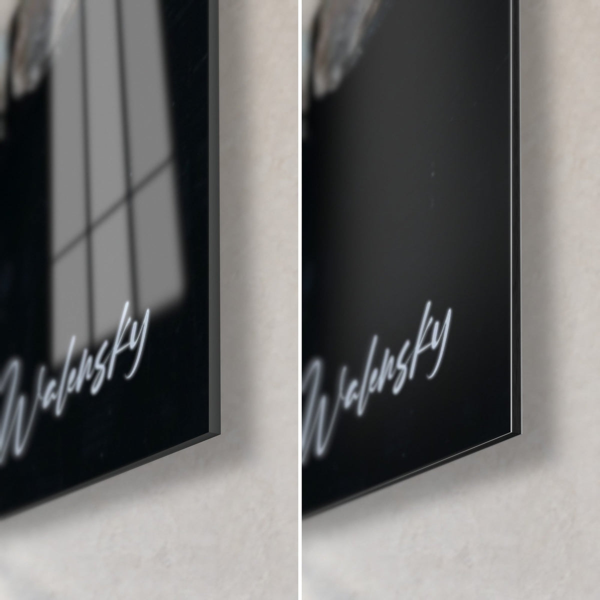 Tableau piano peint à la spatule, coin bas droit en verre acrylique brillant et alu Dibond mat noir, tranche de 3 mm visible