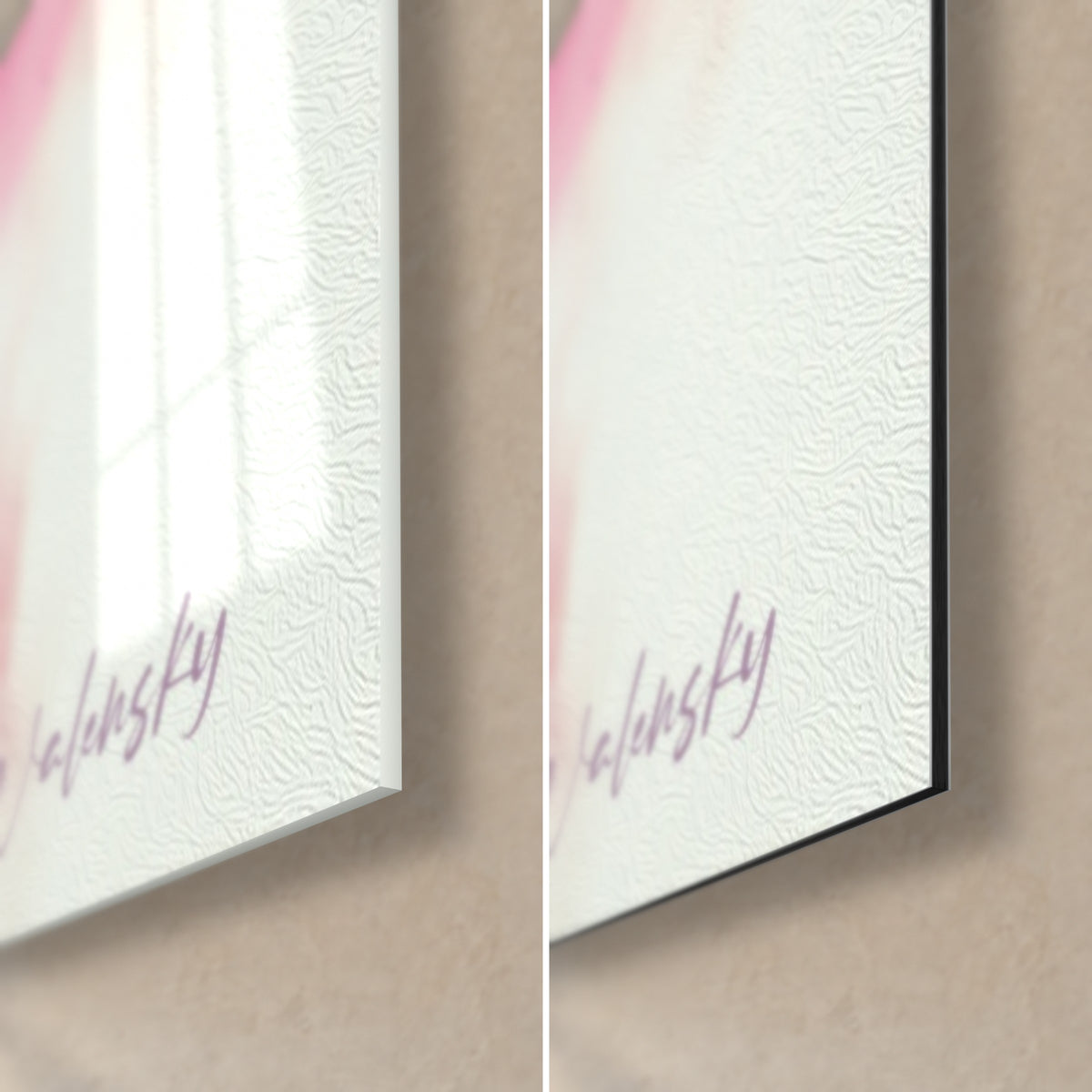 Wall art of a music lover's face with carmine lips, purple signature, bottom right corner in glossy glass and matte white Dibond, black edge