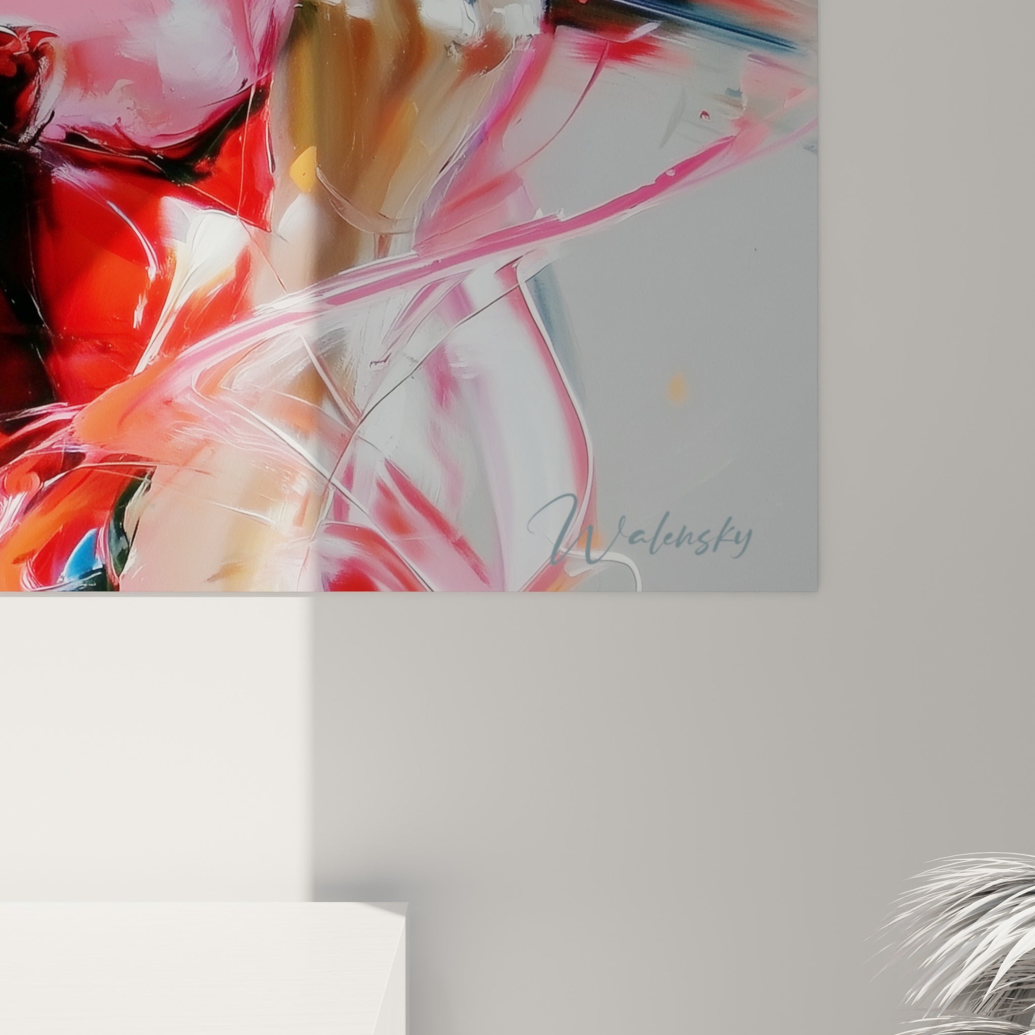 Empâtements rouges et blancs se mêlant sur la toile, coulures de peinture révélant le grain de l'impression