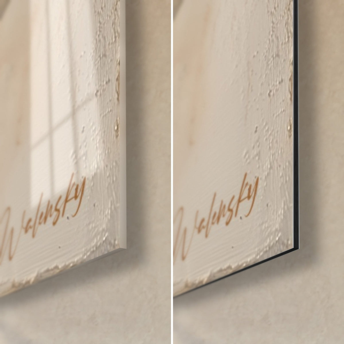 Schilderij octaaf van ivoren toetsen, rechterhoek onder in glanzend glas en mat Dibond-aluminium, koperkleurige Walensky-signatuur, rand van 3 mm