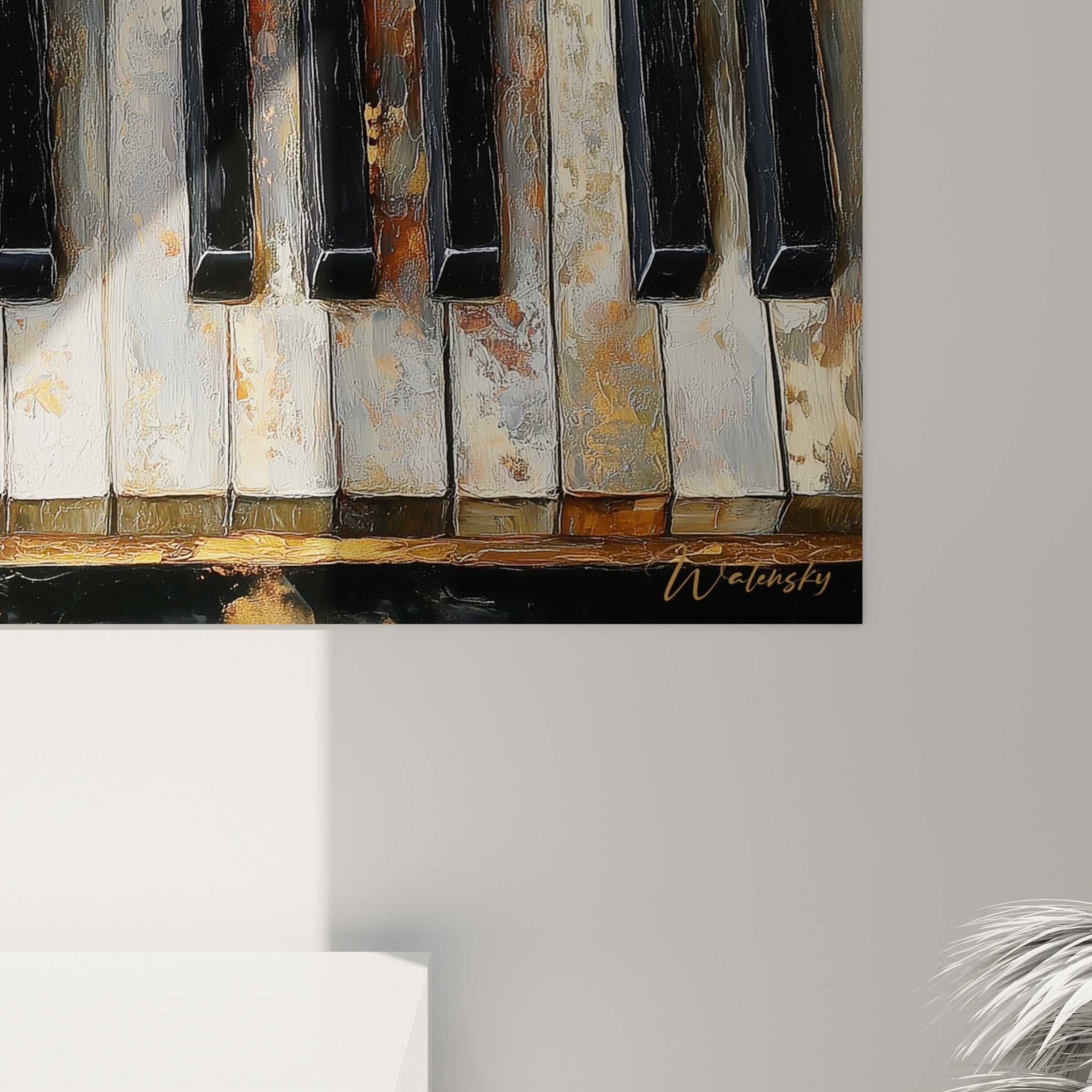 Empâtements dorés et coulures ocre sur les touches noires, matière picturale visible de près sur ce tableau Musique