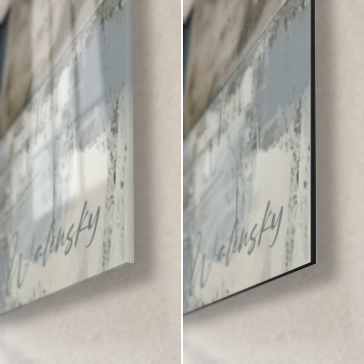 Schilderij piano van ebbenhout en grijs, rechtsonder: glanzend acrylglas links, mat geborsteld Dibond aluminium rechts, rand van 3 mm