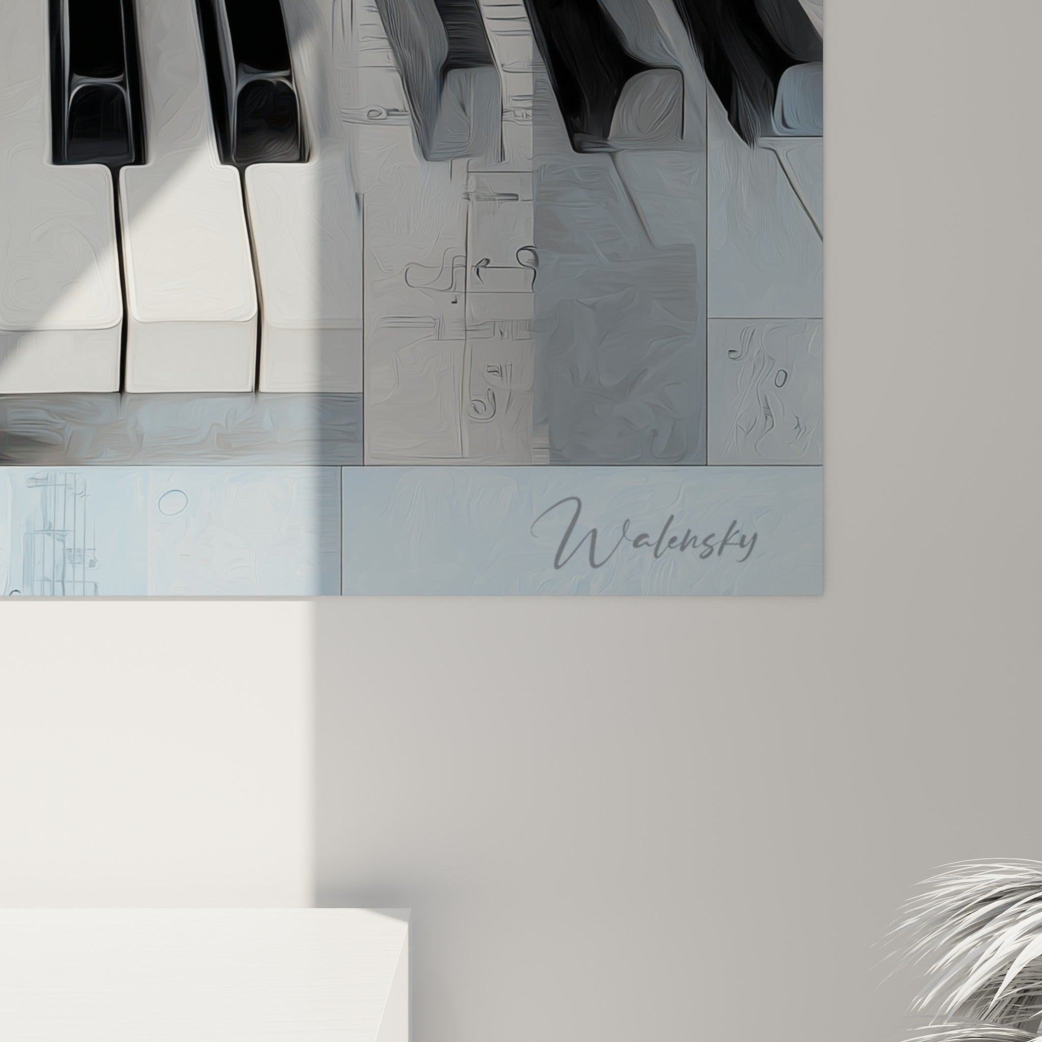Détail des empâtements du piano, grain texturé mêlant bleu ardoise, gris et blanc cassé
