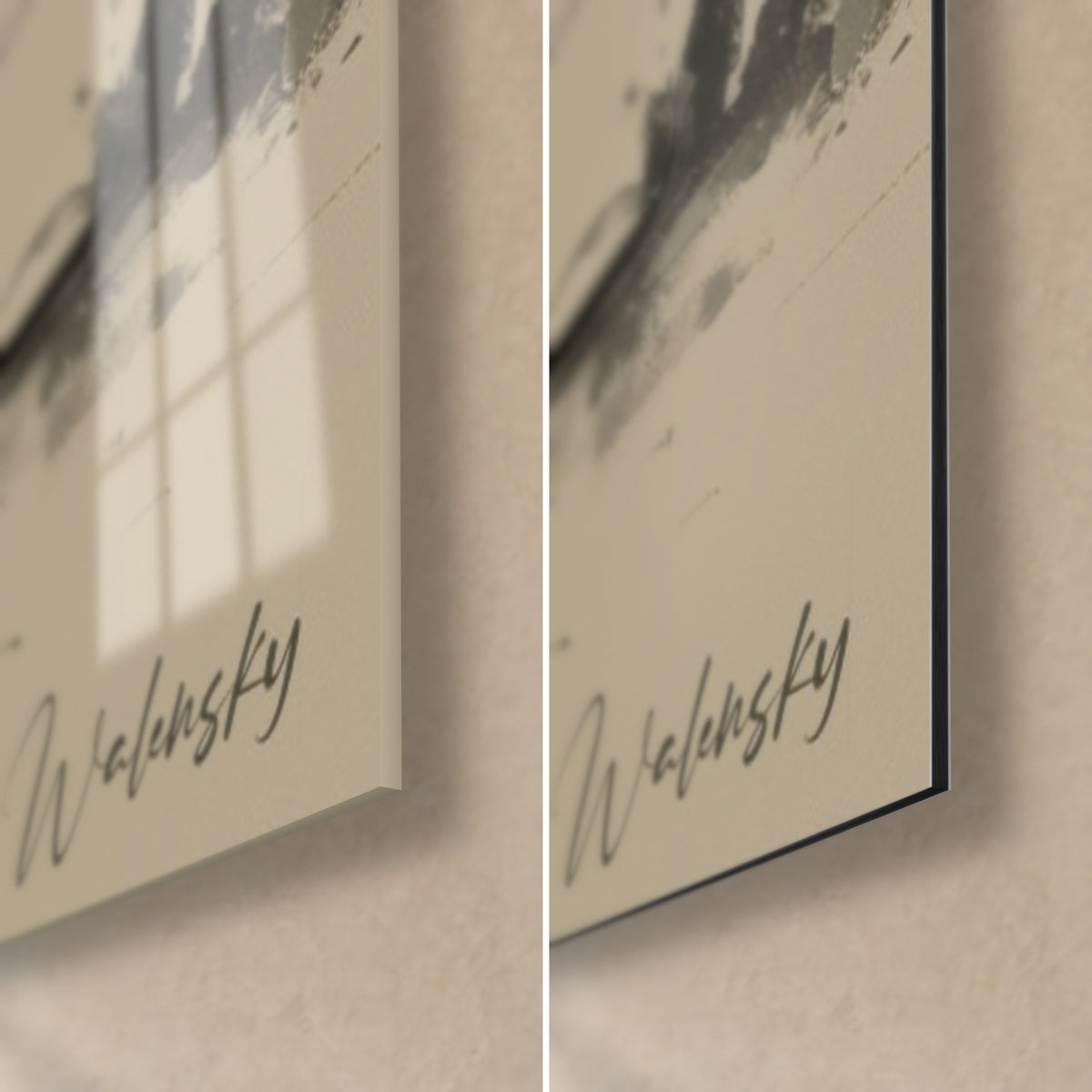 Wall art female musician at the piano, Walensky signature on sanded background, bottom right corner in glossy glass and matte black Dibond, 3 mm edge