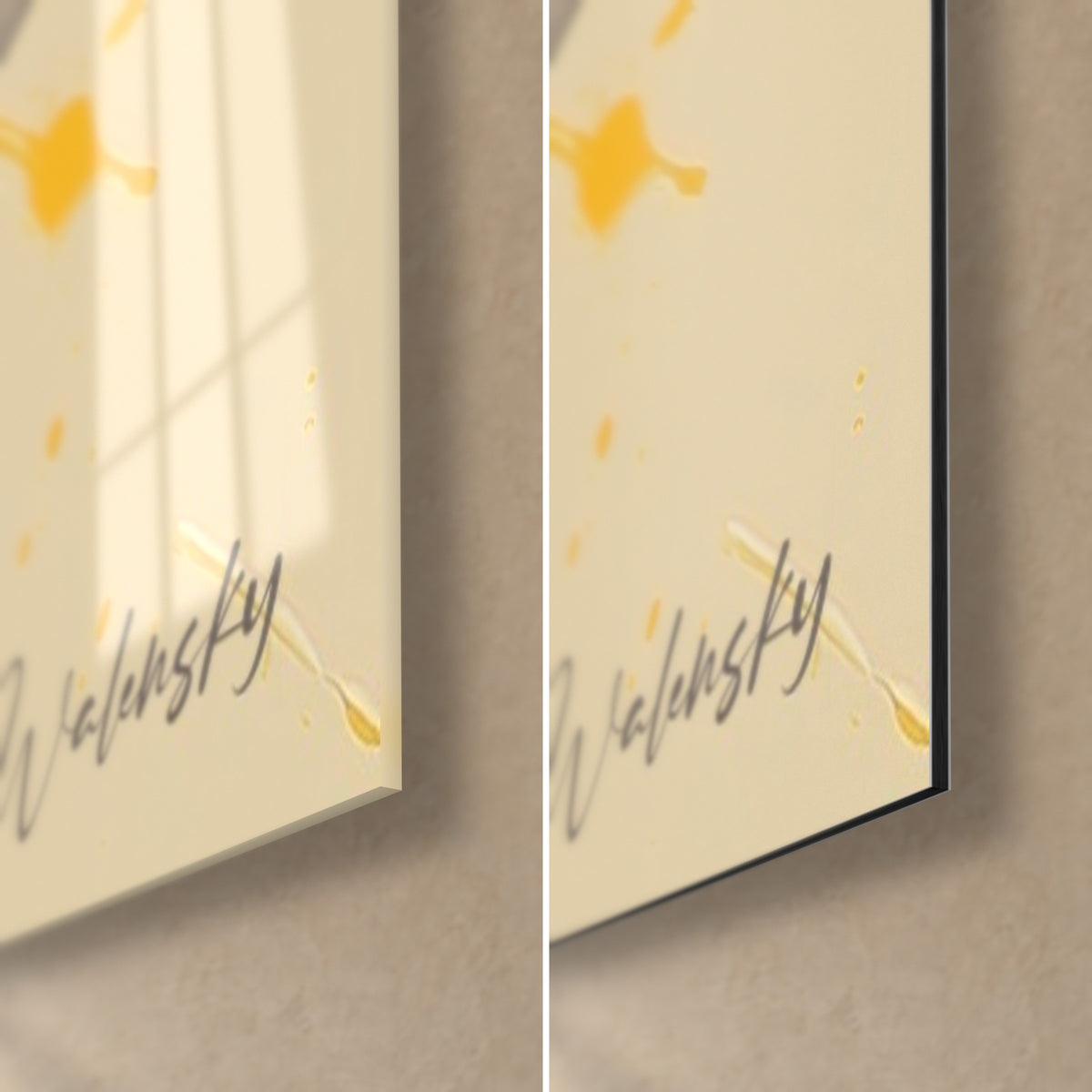 Wall art yellow and black violinist, bottom right corner: glossy acrylic glass on the left, matte Dibond aluminium on the right, 3 mm edge