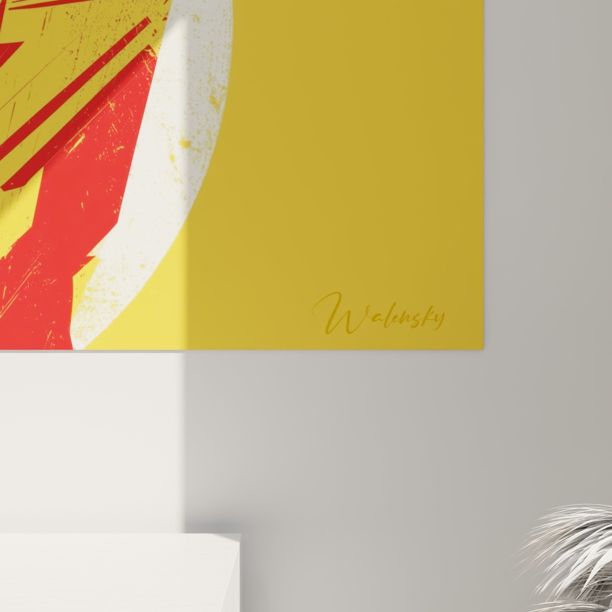 Empâtements rouges et noirs du saxophone, grain graphique du jaune moutarde visible de près sur la toile