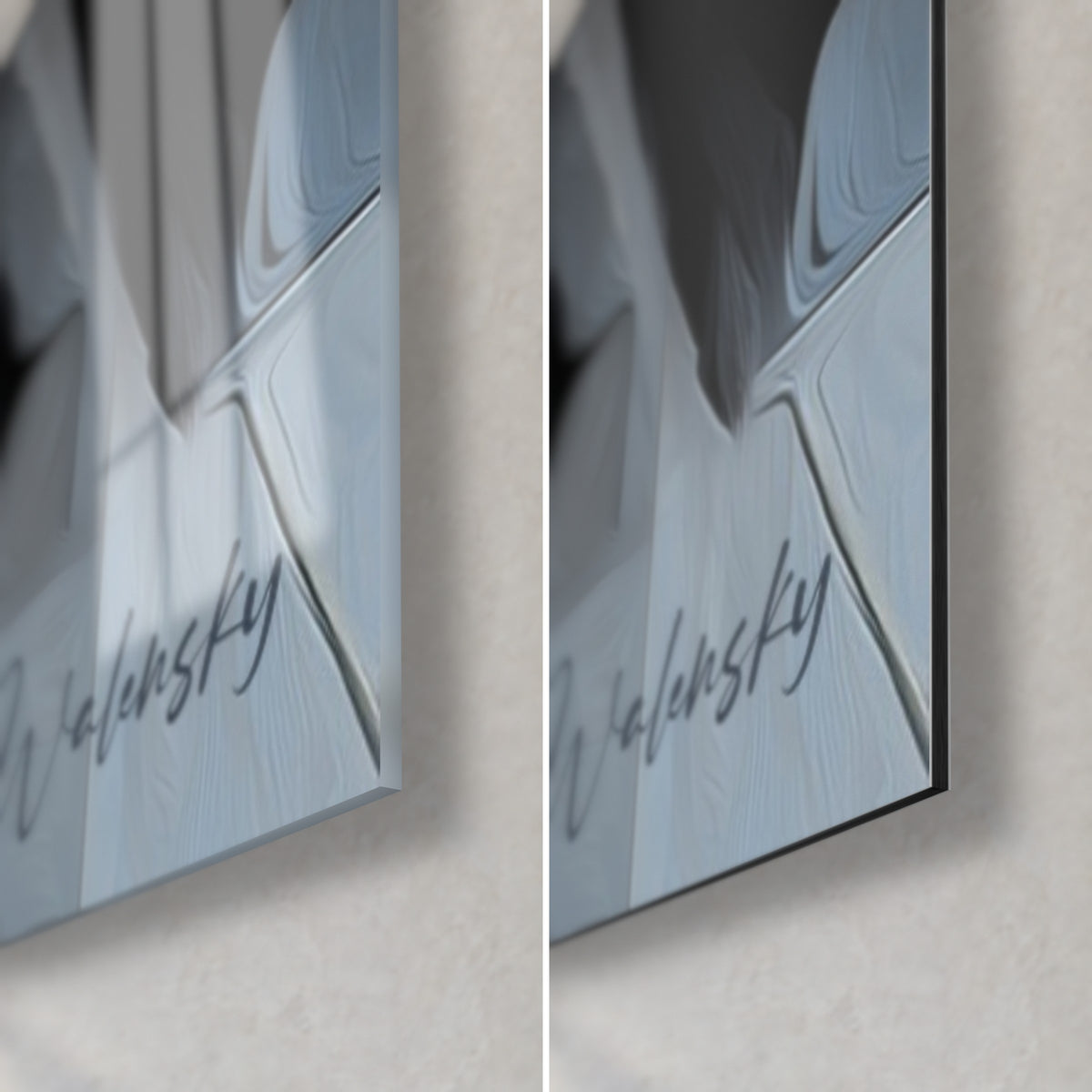 Quadro di pianoforte dipinto in blu-grigio e nero, firma Walensky, angolo in basso a destra in vetro lucido e Dibond opaco