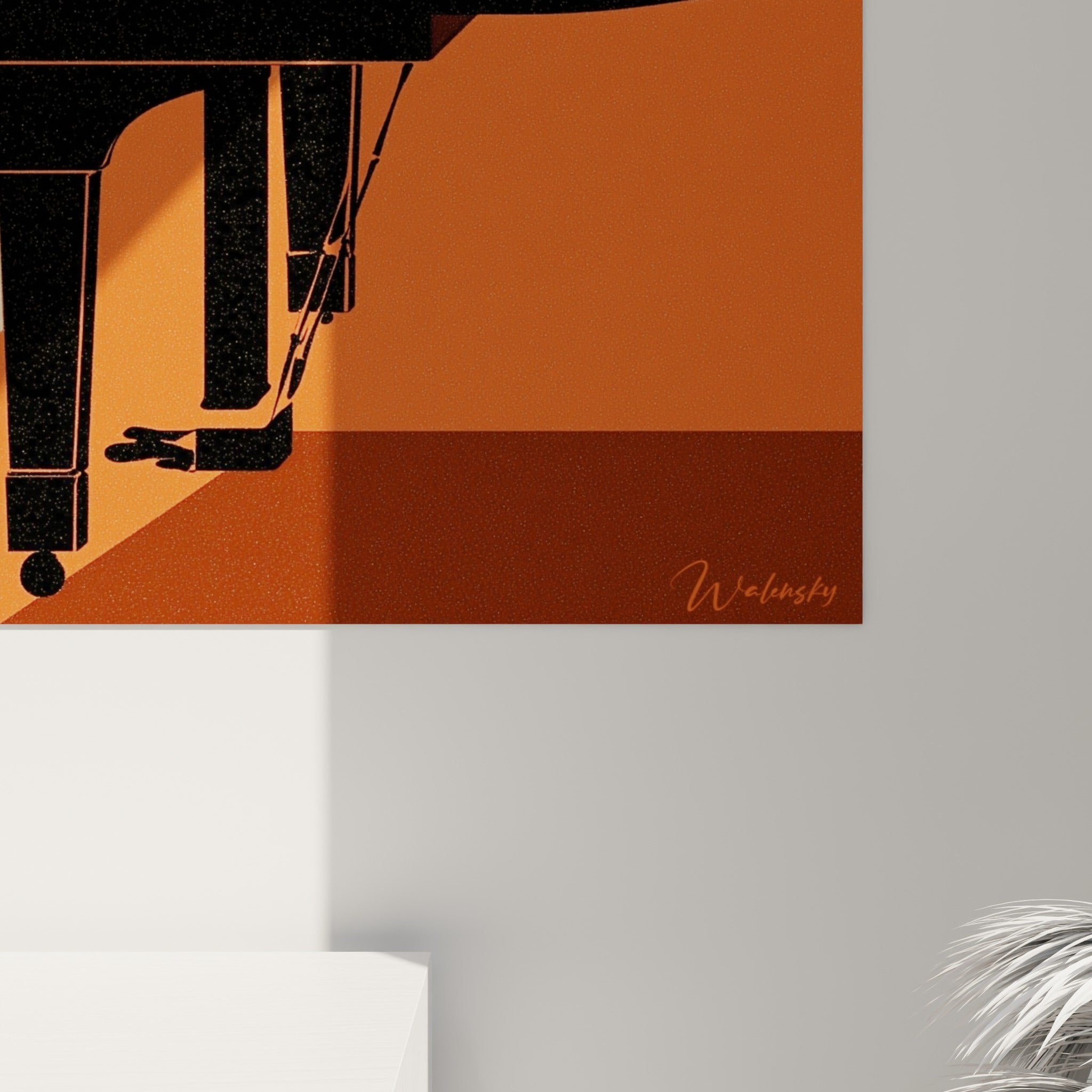 Grain fin et texture sérigraphiée du noir profond et de l'orange brûlé visibles de près sur la toile