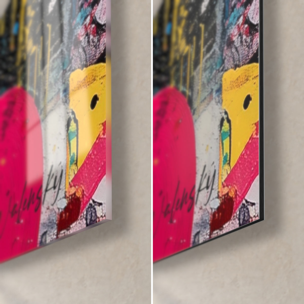 Street-art vinylschilderij, rechteronderhoek: glanzend glas links, mat Dibond-aluminium rechts, roze en gele druipsporen op een rand van 3 mm