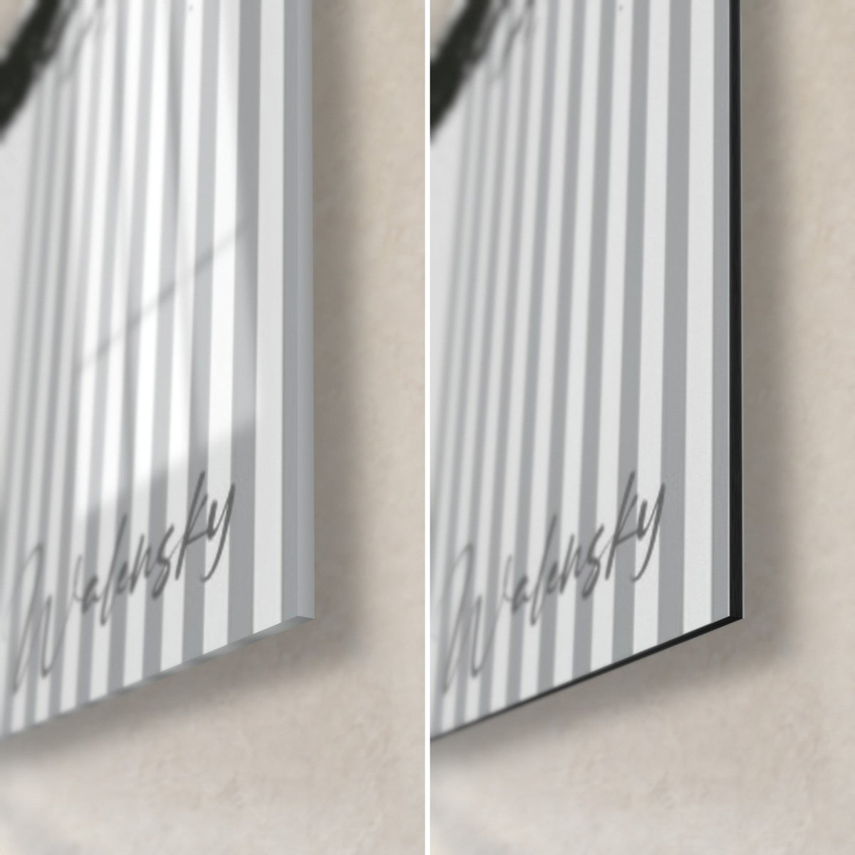Tableau mains de pianiste, coin bas droit : bandes grises et blanches, verre brillant à gauche, Dibond noir mat à droite