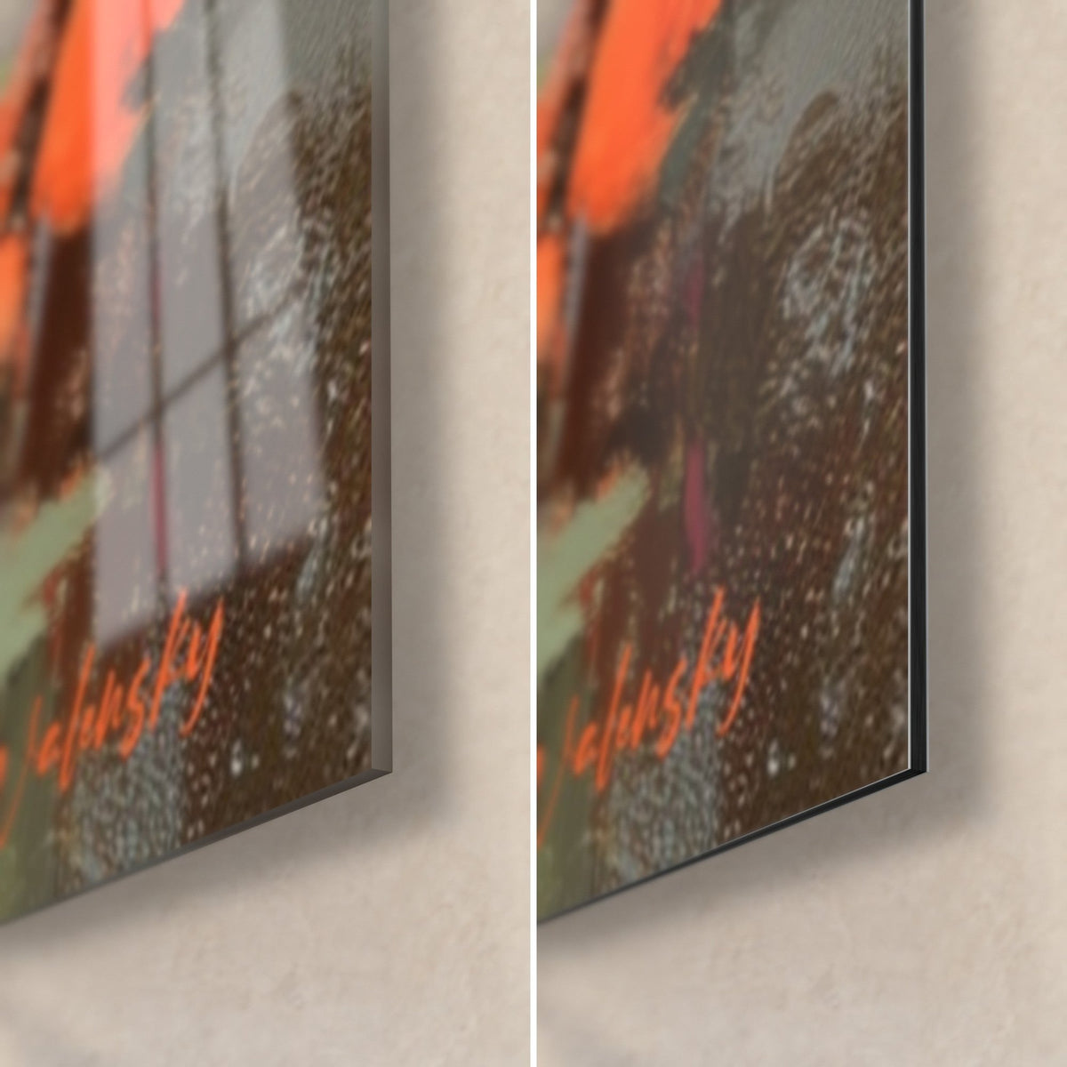 Wall art black piano and orange flowers, bottom-right corner: glossy acrylic glass on the left, matte Dibond aluminium on the right, 3 mm edge