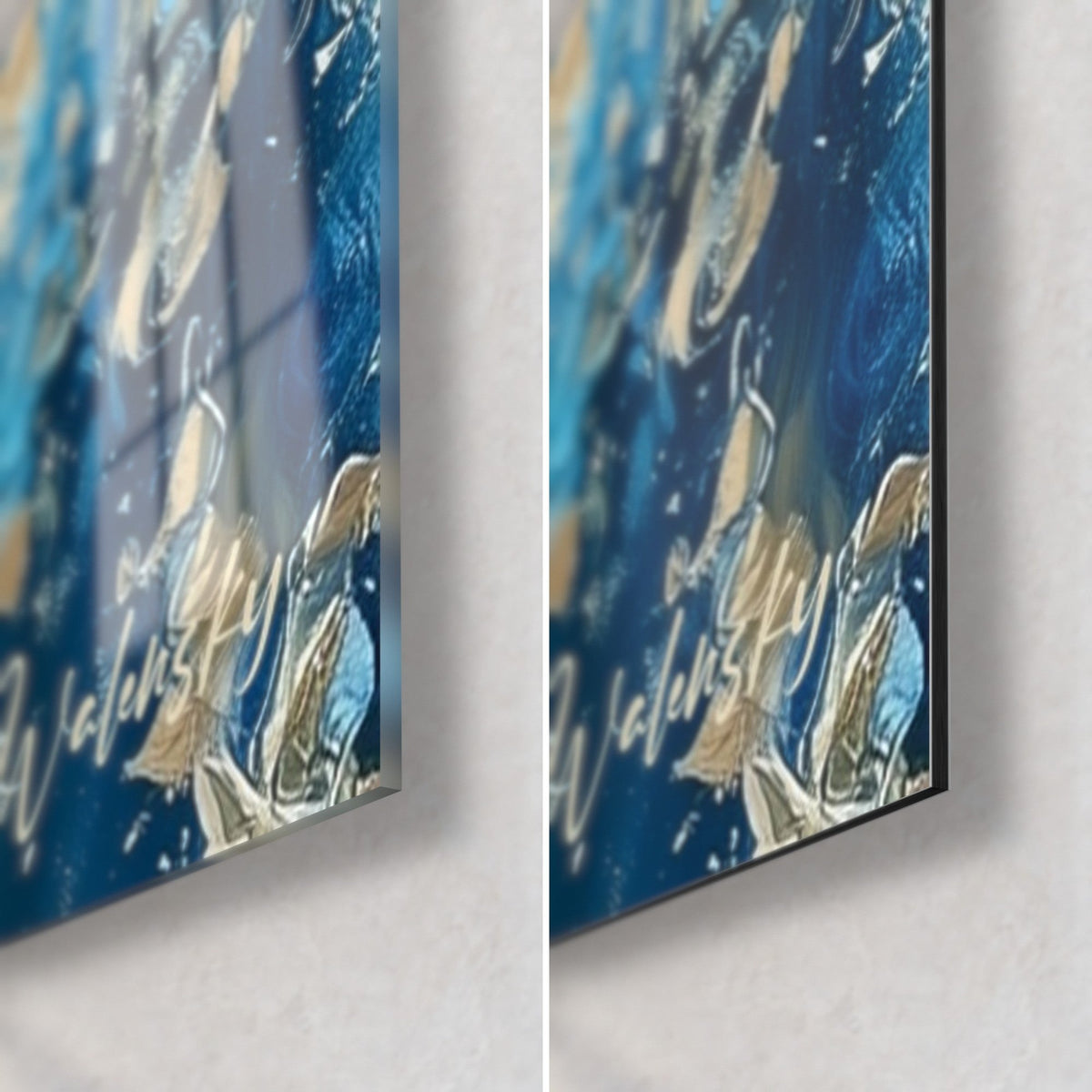 Tableau archet et violon turquoise, coin bas droit : verre acrylique brillant à gauche, Dibond mat à droite, éclats or sur bleu nuit