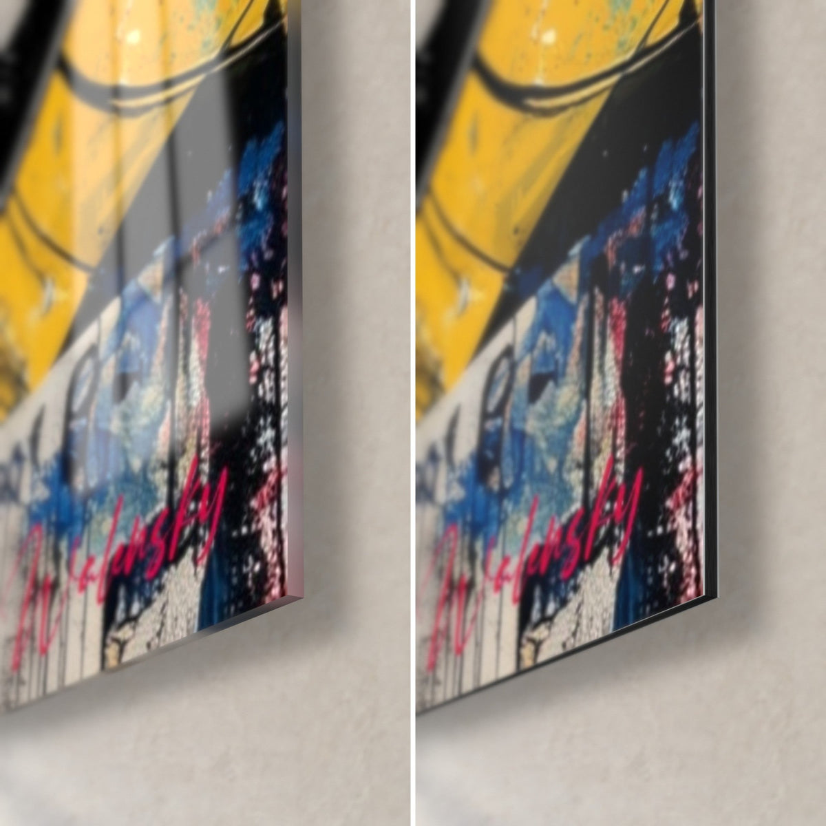 Cuadro discos de vinilo negros con surcos grabados, esquina de cristal brillante abajo a la derecha y Dibond de aluminio mate en amarillo, azul y rosa, grosor de 3 mm