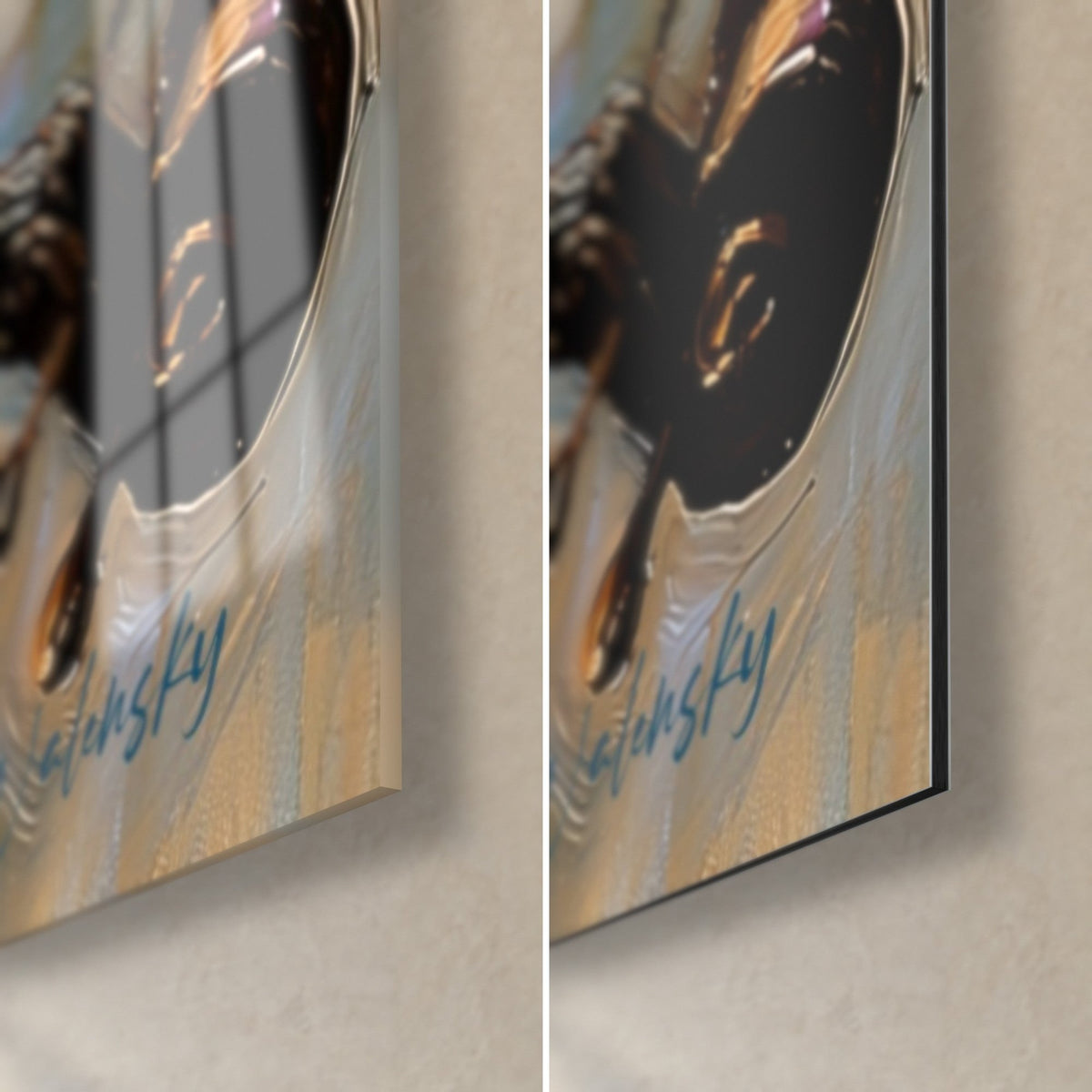 Tableau violoniste en peinture à l'huile turquoise et dorée, coin bas droit : signature Walensky, verre brillant et Dibond mat