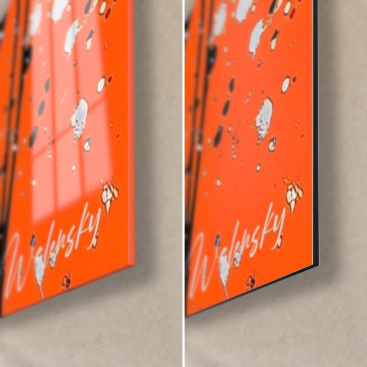 Tableau piano éclaboussé orange et noir, coin bas droit en verre brillant et alu Dibond mat, tranche de 3 mm visible