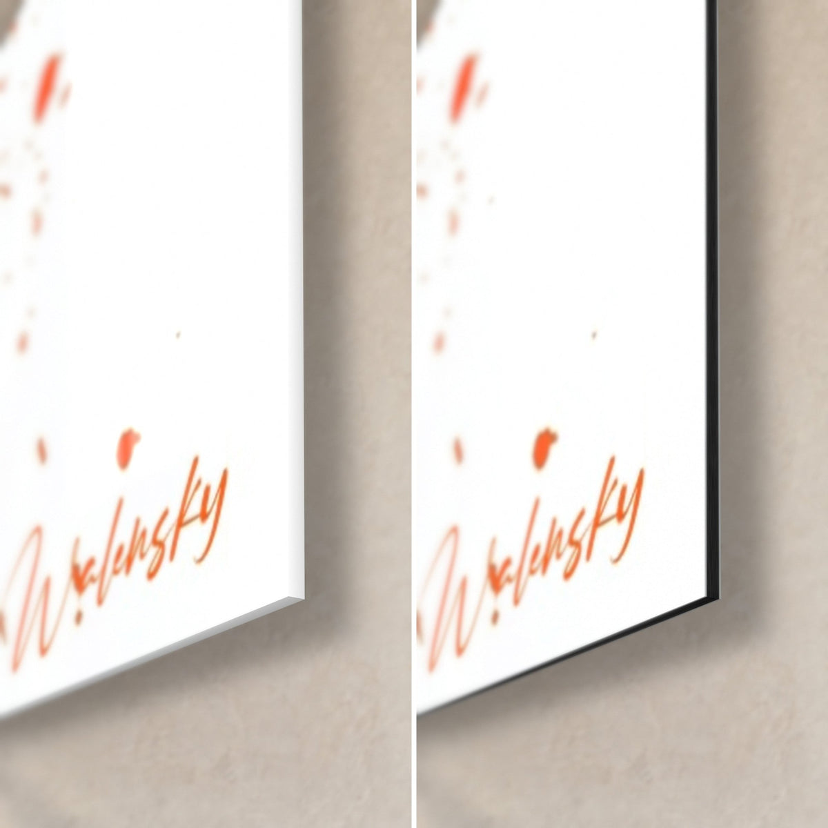 Tableau piano éclaboussé d'orange, coin bas droit : verre acrylique brillant à gauche, alu Dibond mat à droite, tranche de 3 mm