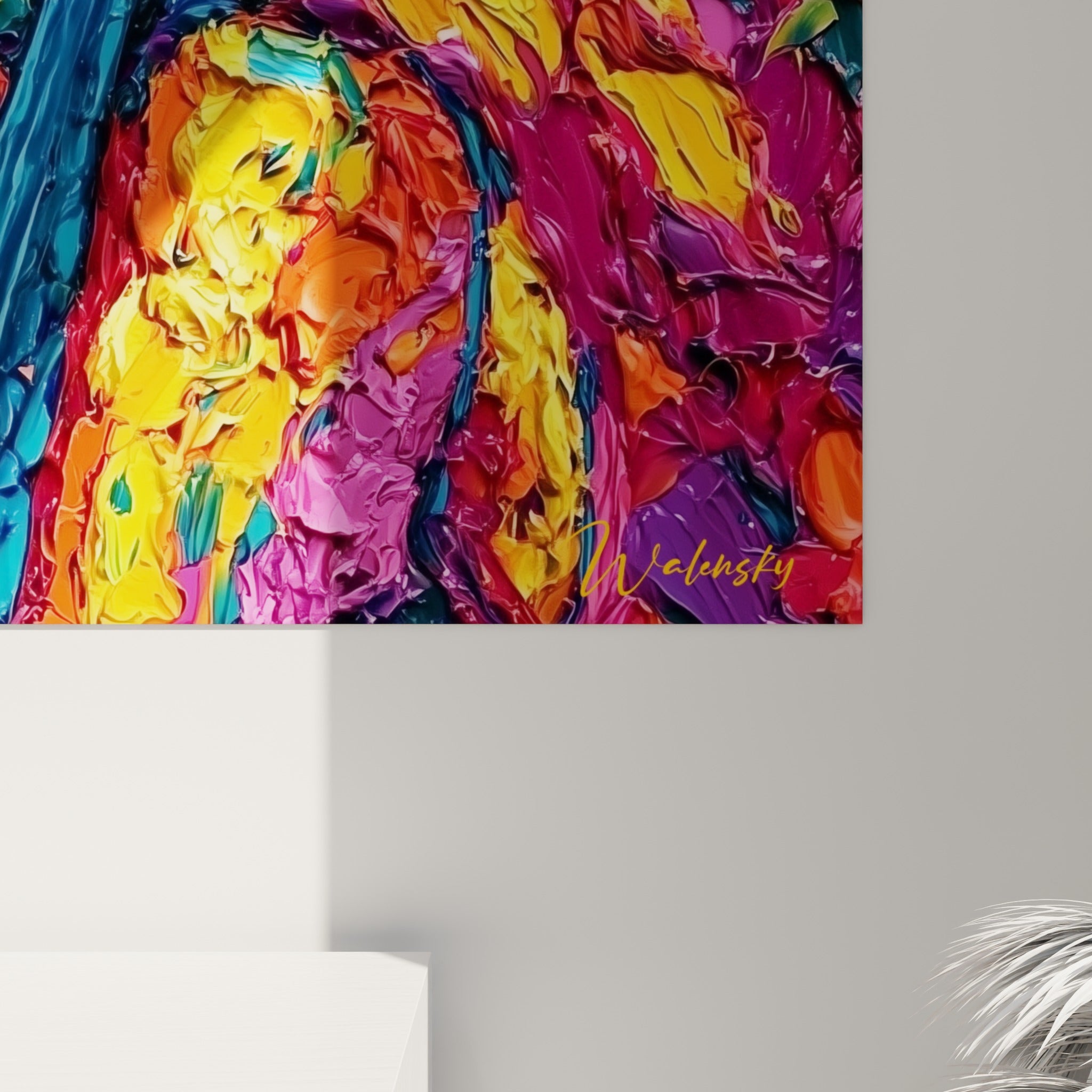 Empâtements colorés mêlant jaune safran, magenta et turquoise sur la toile du tableau Musique accrochée
