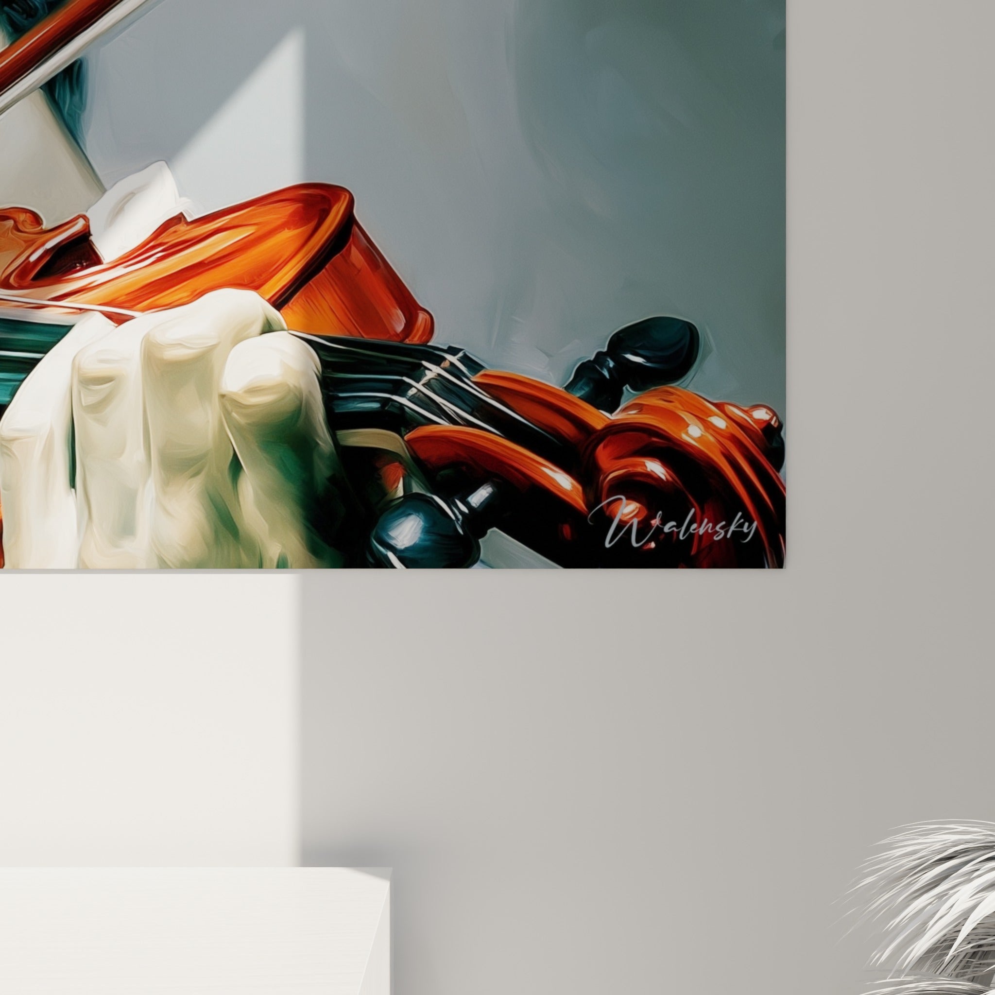 Empâtements sur le violon acajou et la manche blanc immaculé, matière picturale visible en gros plan de l'œuvre