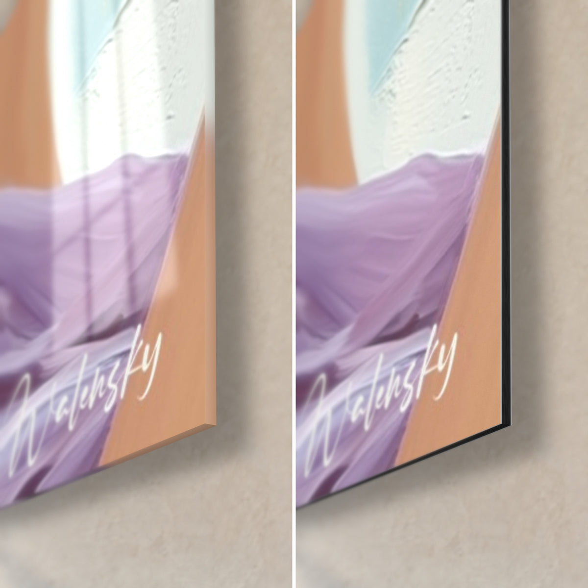 Gemälde Musikerin mit rosé getönter Brille, untere rechte Ecke: glänzendes Acrylglas links, matt gebürstetes Dibond rechts, fliederfarbenes Kleid