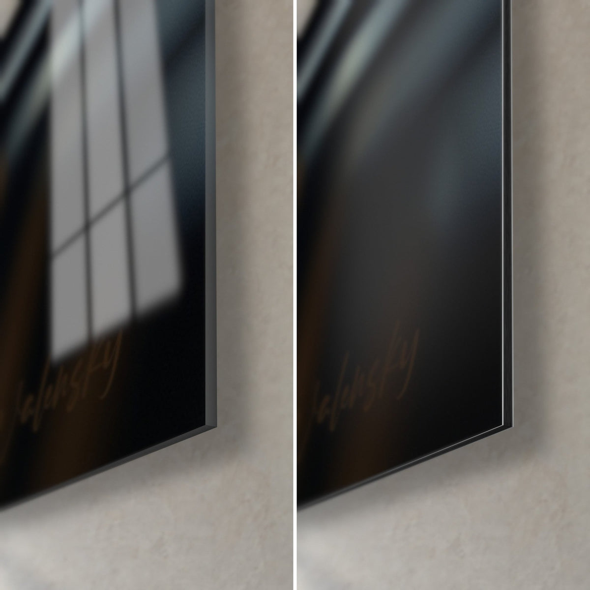 Wall art of a pink sheet music rose, bottom right corner: glossy acrylic glass with reflections and matte black Dibond aluminum, 3 mm edge visible