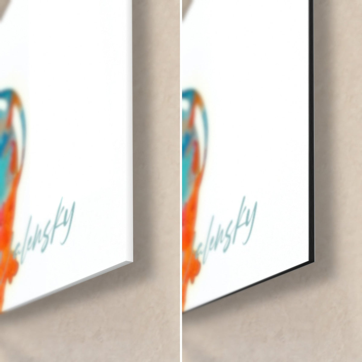 Tableau saxophoniste turquoise, coin bas droit : verre acrylique brillant à gauche, alu Dibond noir mat à droite, tranche de 3 mm