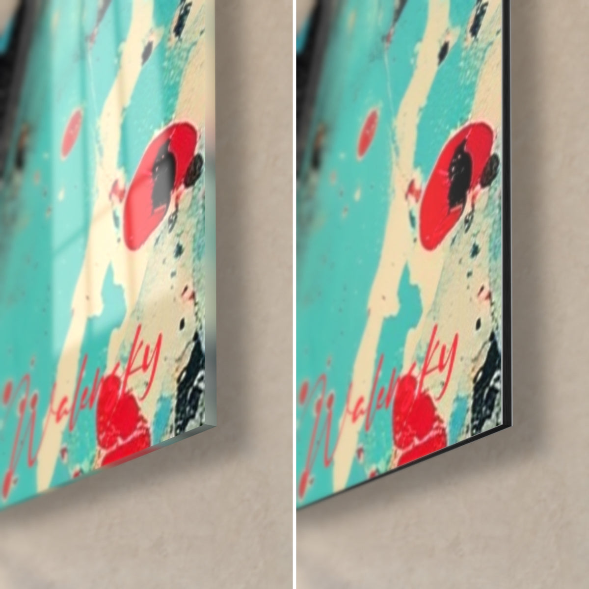 Schilderij geschilderde draaitafel, turquoise en rode spatten op de rand van 3 mm, glanzende glazen hoek rechtsonder en mat Dibond