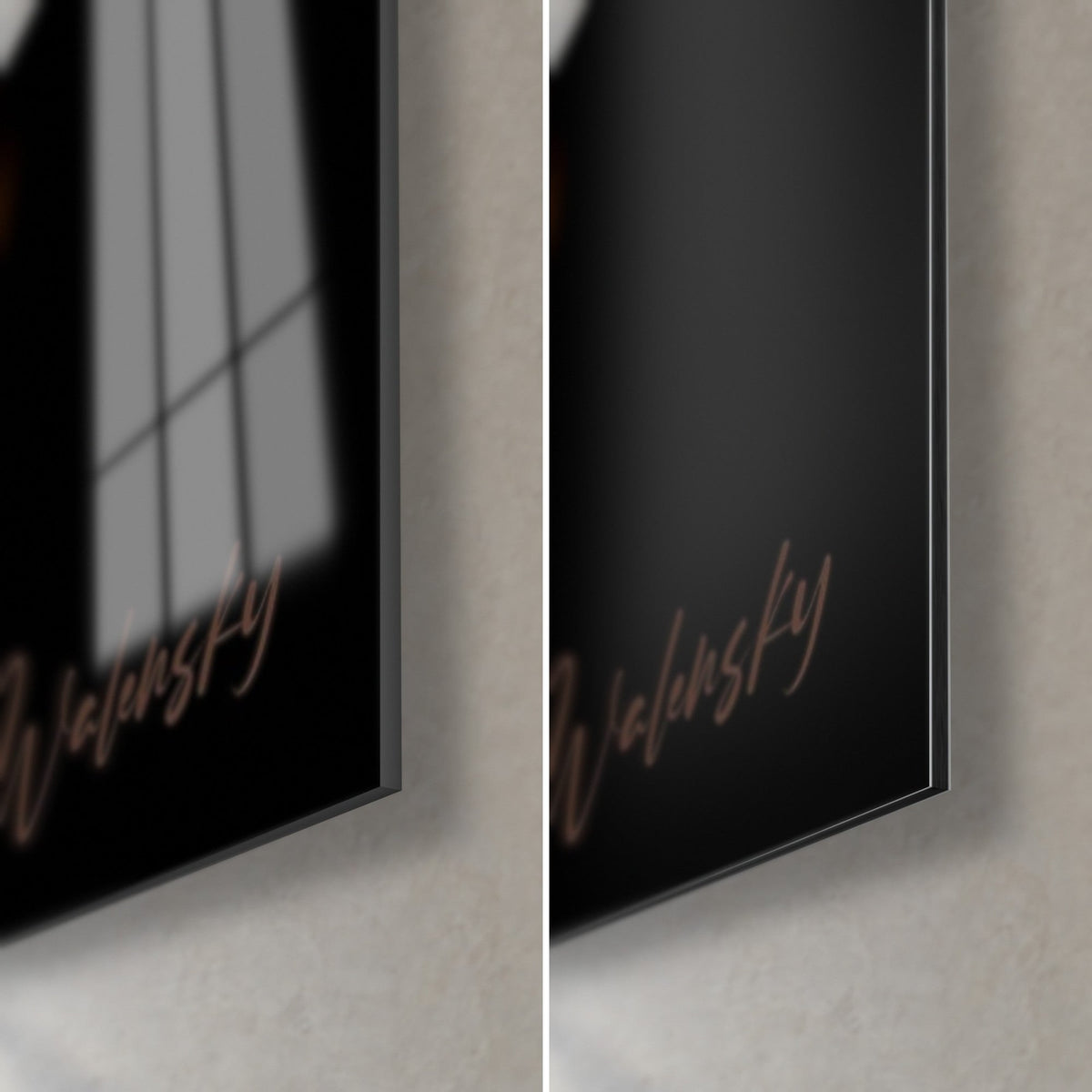Tableau fleur blanche sur violon, coin bas droit : verre acrylique brillant aux reflets de fenêtre, alu Dibond mat noir, tranche de 3 mm