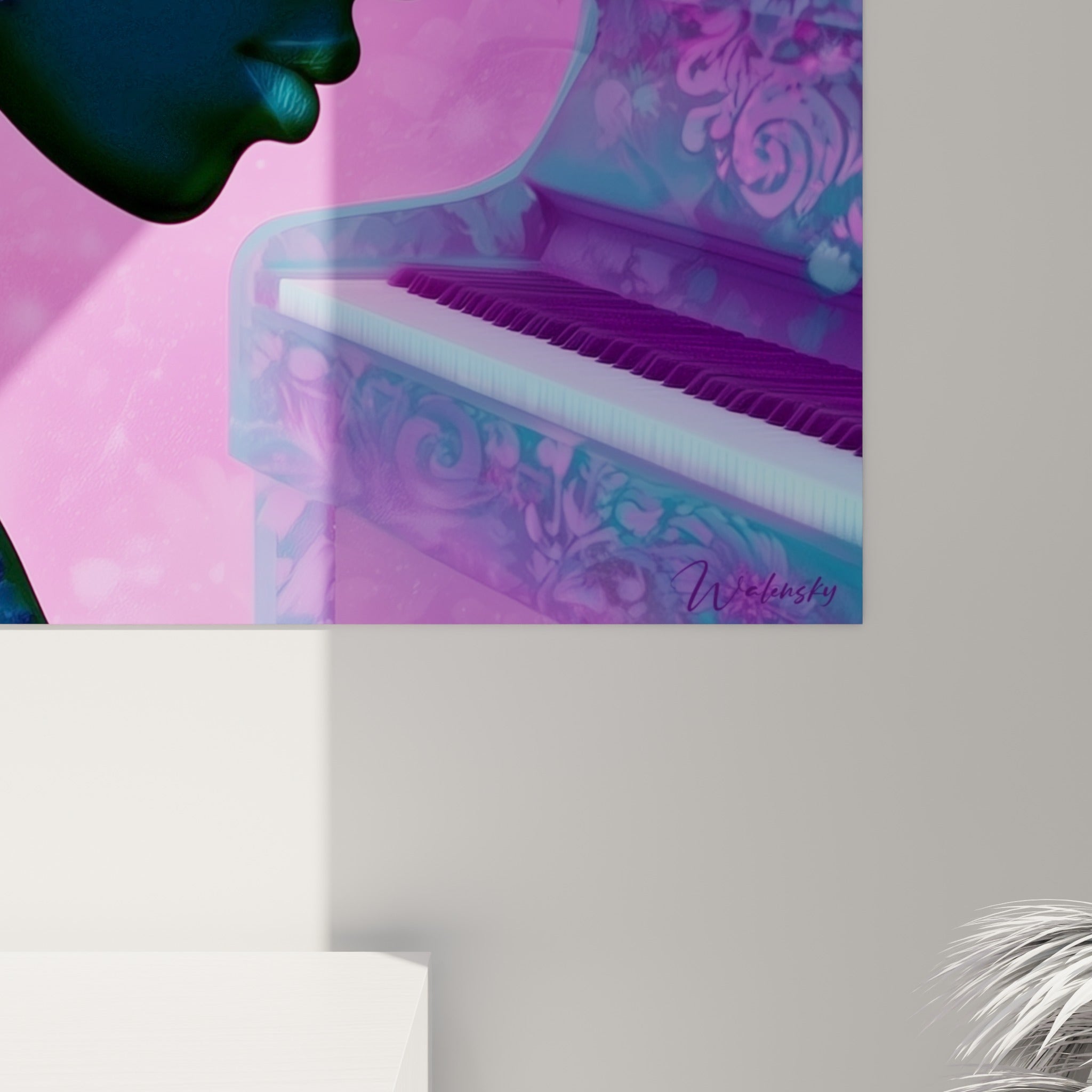 Détail de Musique révélant le grain de l'impression, empâtements violets et roses, coulures de lumière sur le profil sombre