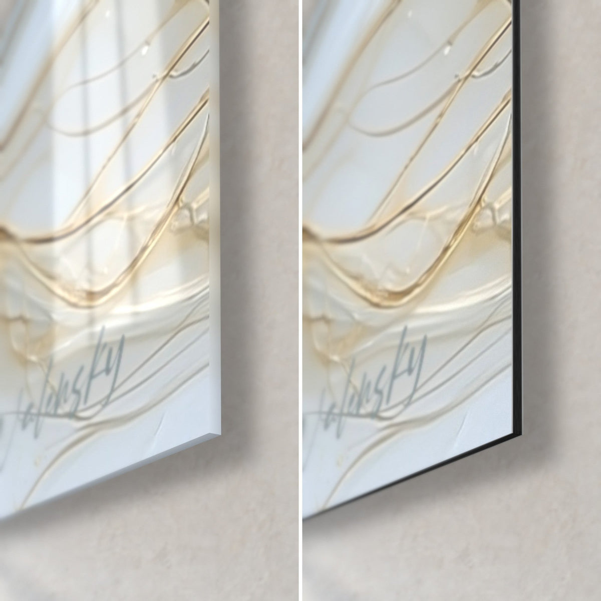 Tableau violoniste gris perle et dorée, coin bas droit : verre acrylique brillant à reflets, alu Dibond noir mat, tranche de 3 mm
