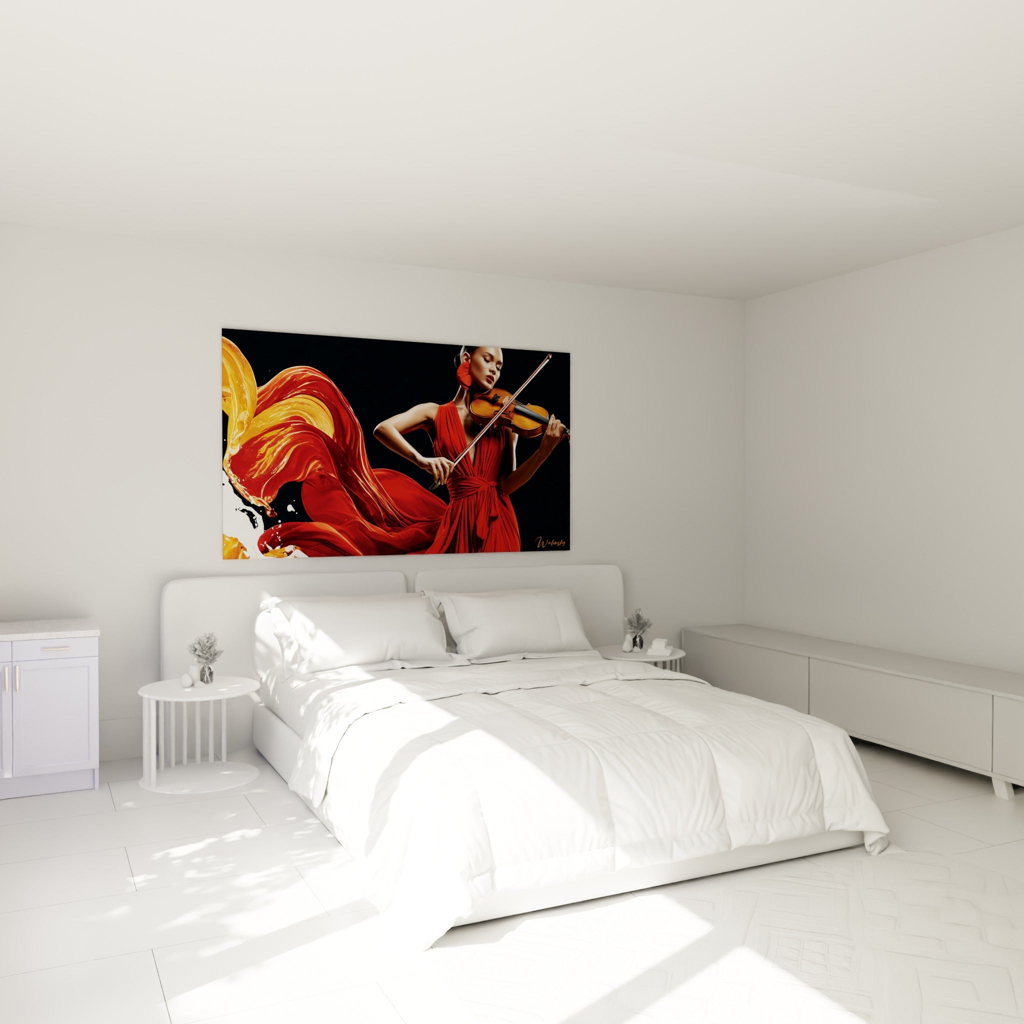 Musicienne en écarlate et traînée dorée jouant du violon, au-dessus d'un lit dans une chambre claire