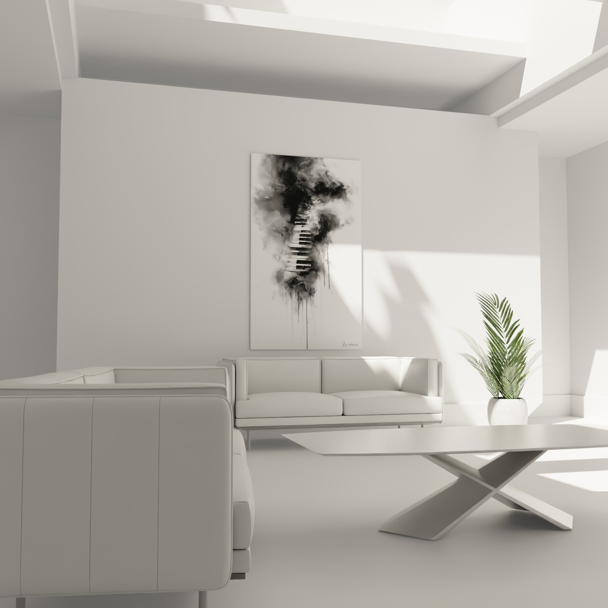Notes suggérées par un piano abstrait entre noir profond et blanc pur, au-dessus d'un canapé dans un salon lumineux