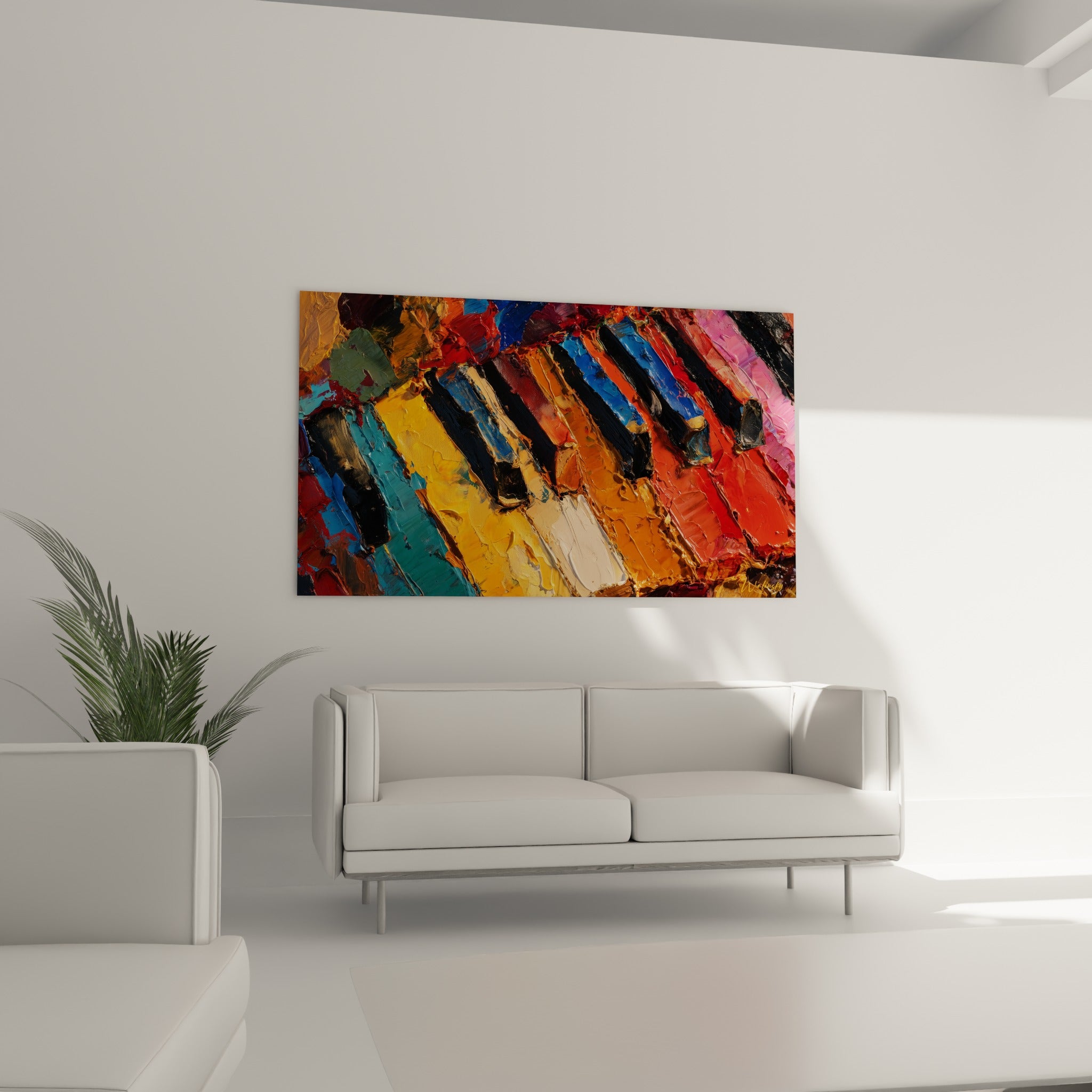Touches multicolores d'un piano en fauve et bleu marine, disposées au-dessus d'un canapé dans un salon lumineux