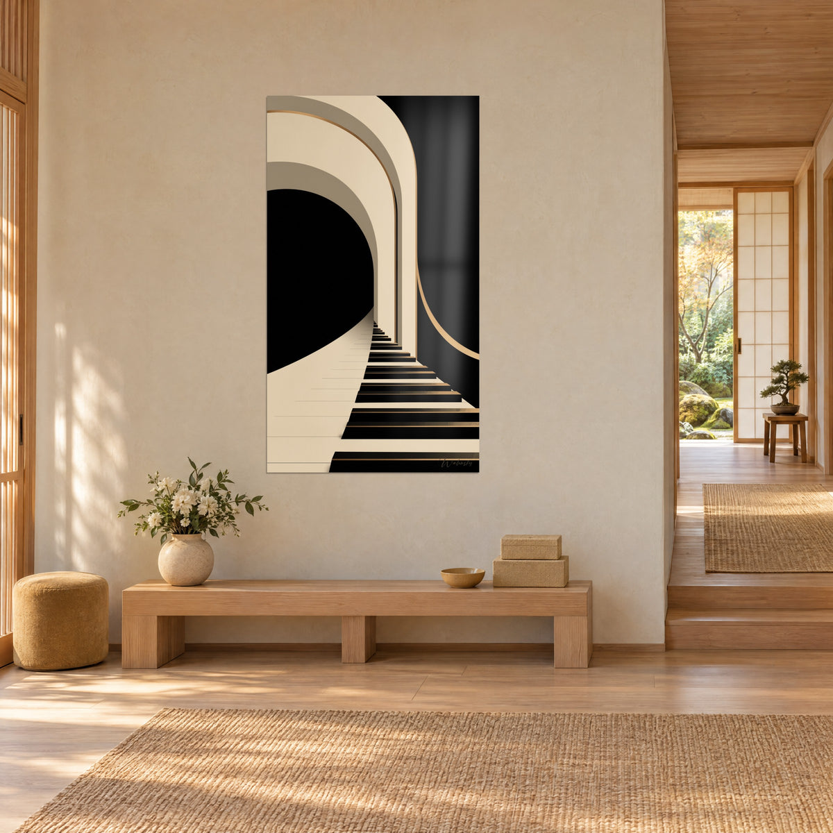 Quadro tasti neri e avorio in prospettiva verso una volta scura, bordo ramato, appeso in un interno japandi luminoso