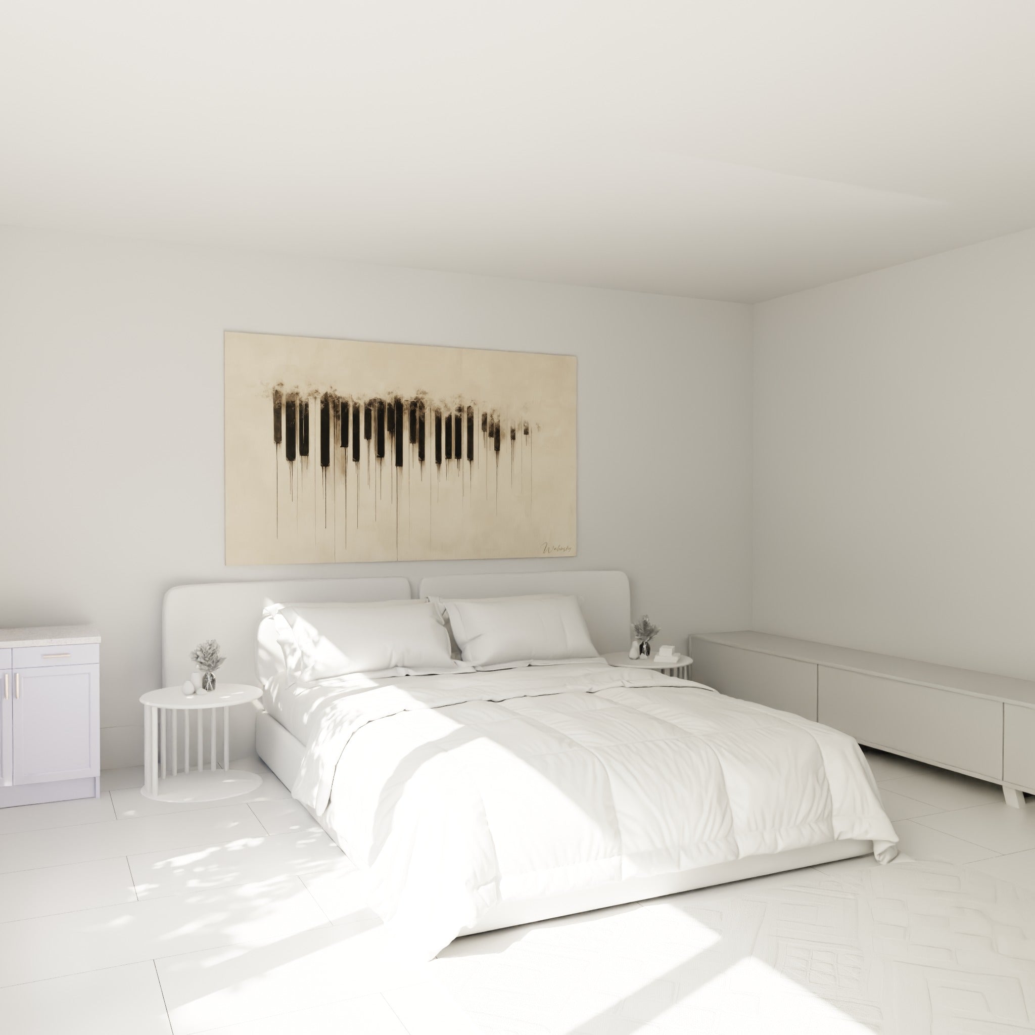 Piano aux filaments noirs et crème suspendu au-dessus d'un lit dans une chambre claire