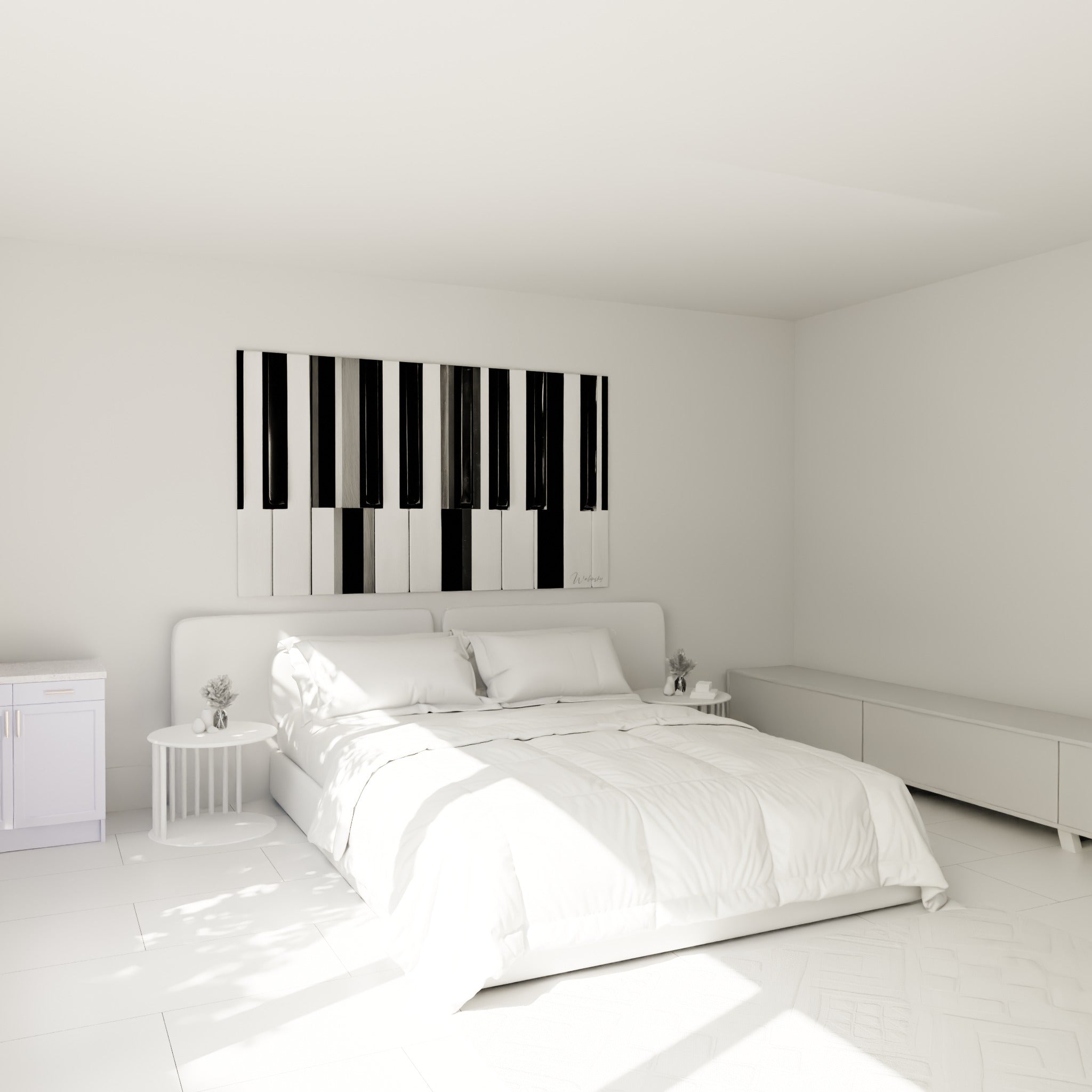 Piano aux touches noires et blanches contrastées, accroché au-dessus d'un lit dans une chambre claire