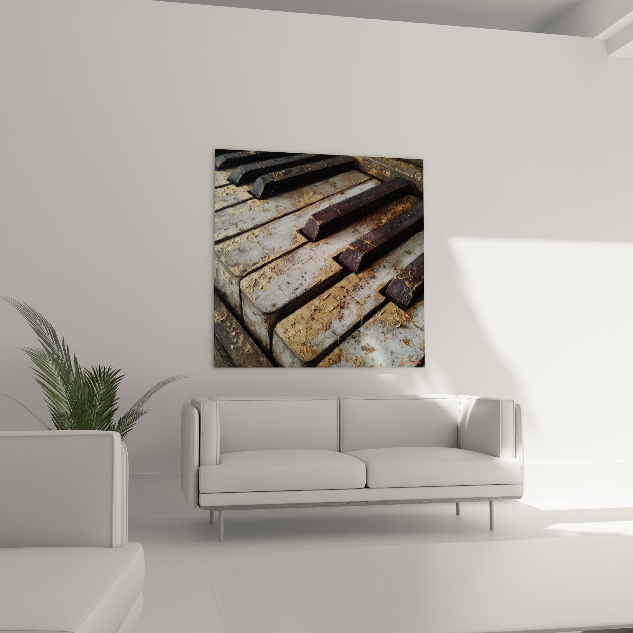 Touches noires et blanches d'un piano ancien, empâtements dorés, au-dessus d'un canapé dans un salon lumineux