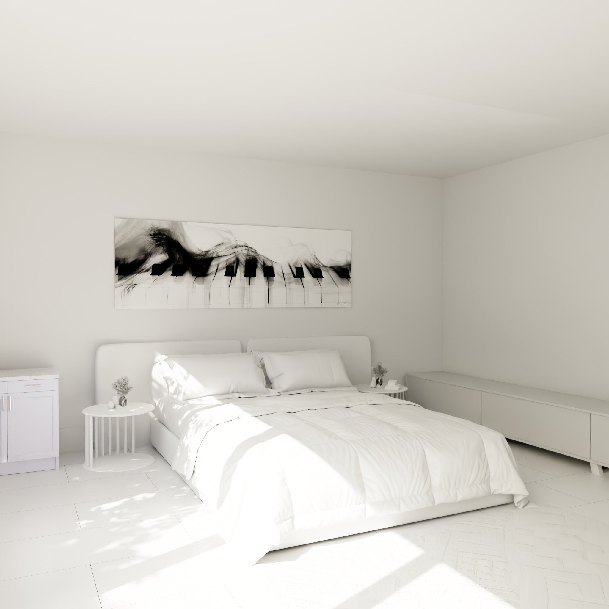 Touches noires et blanches d'un piano fumé, accrochées au-dessus d'un lit dans une chambre claire