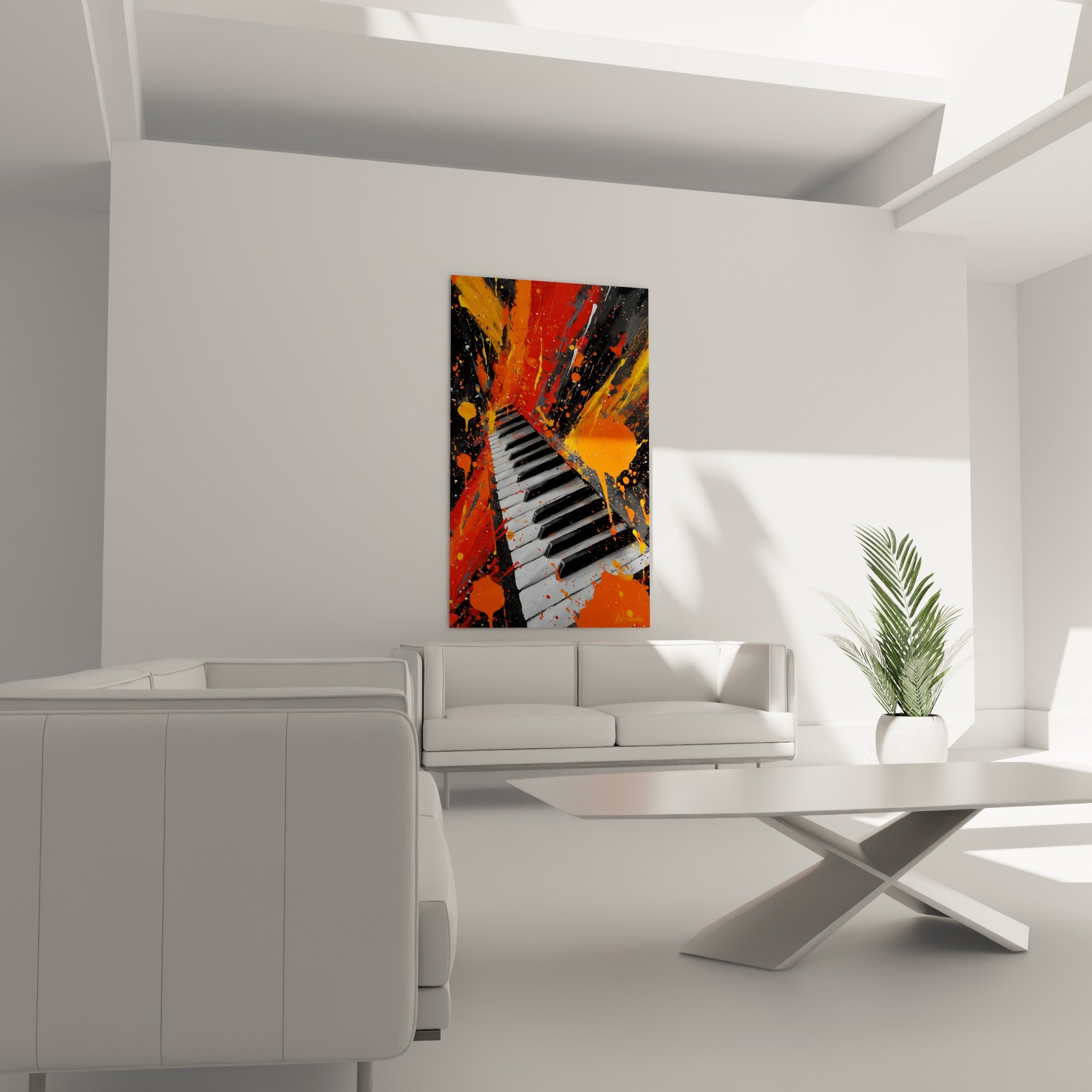 Touches noires et blanches d'un piano éclairées d'éclats oranges et anthracite, au-dessus d'un canapé dans un salon lumineux