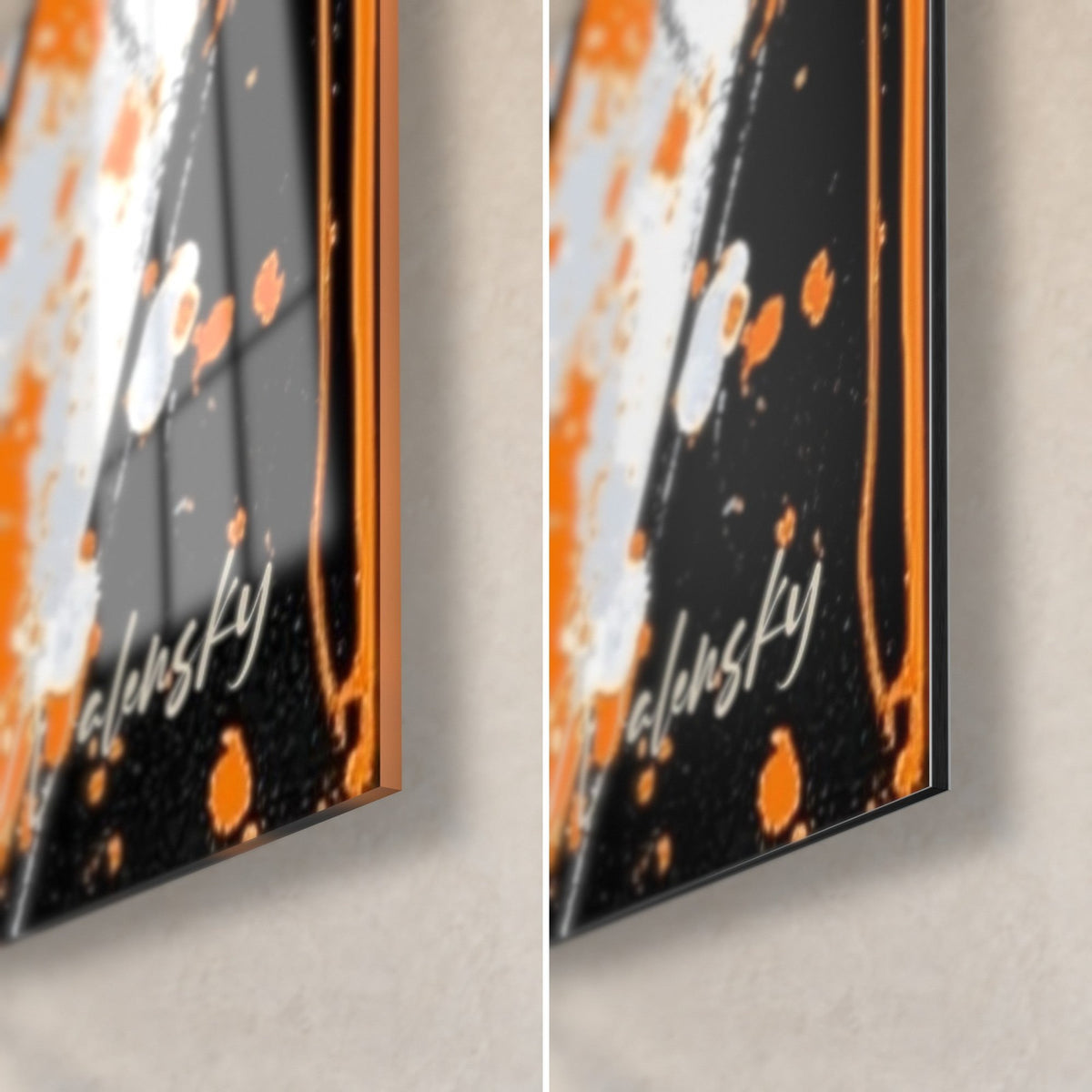 Gemälde Klavier in Orange und Schwarz, untere rechte Ecke: glänzendes Acrylglas mit Reflexen, mattes cremeweißes Alu-Dibond, 3 mm Kante