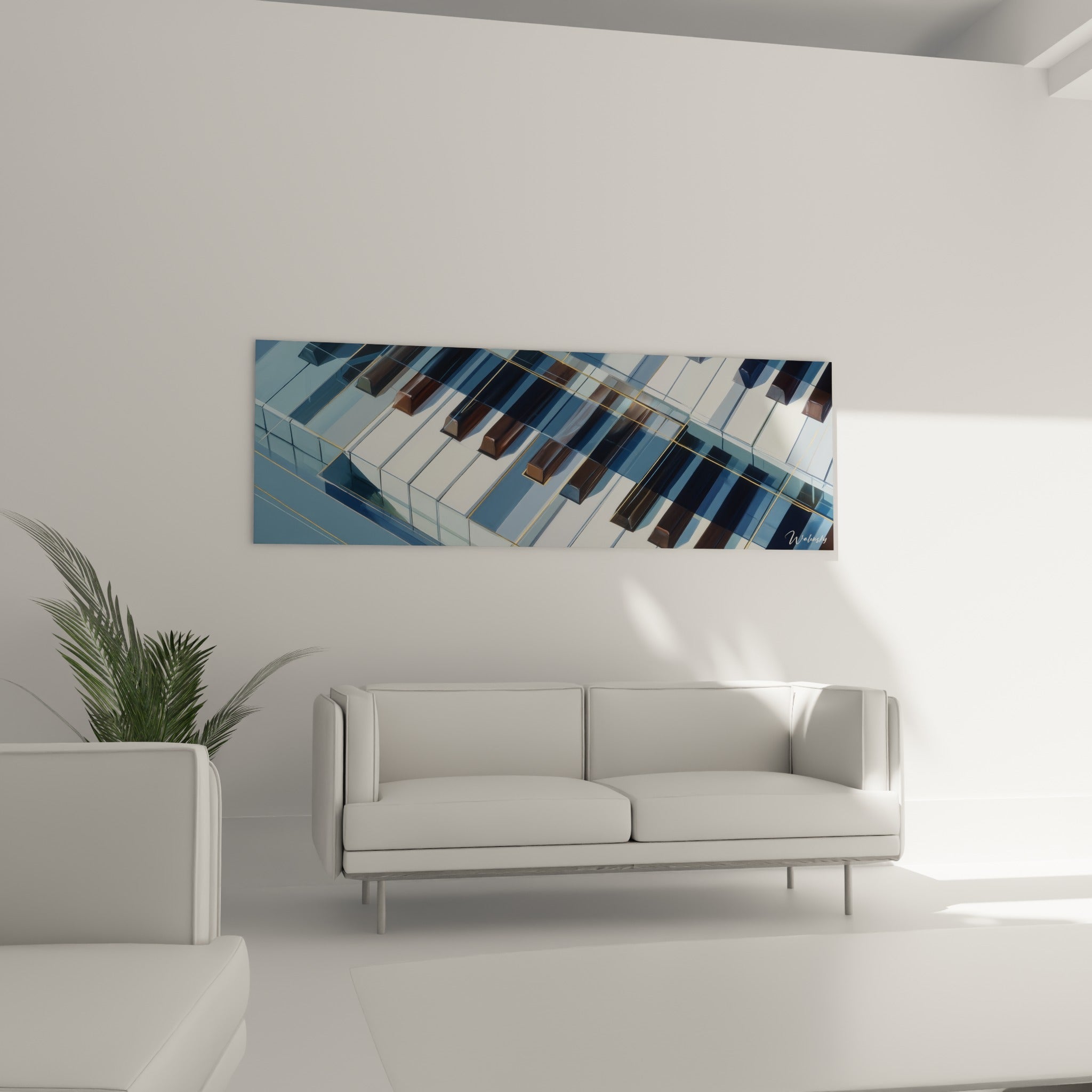 Touches de piano anthracite et bleutées se chevauchant en diagonale, au-dessus d'un canapé dans un salon lumineux