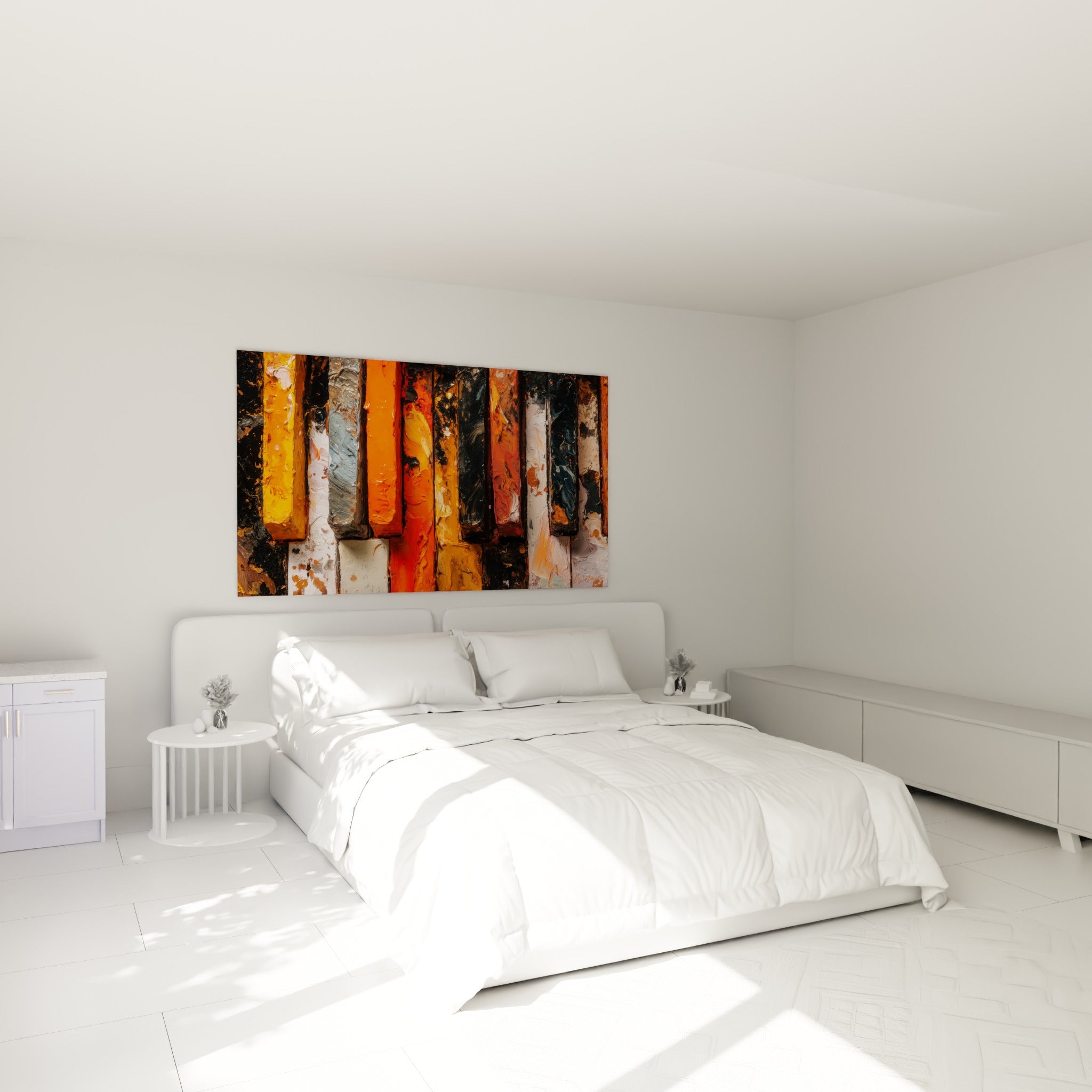 Piano abstrait aux teintes orange et gris argenté accroché au-dessus d'un lit dans une chambre claire