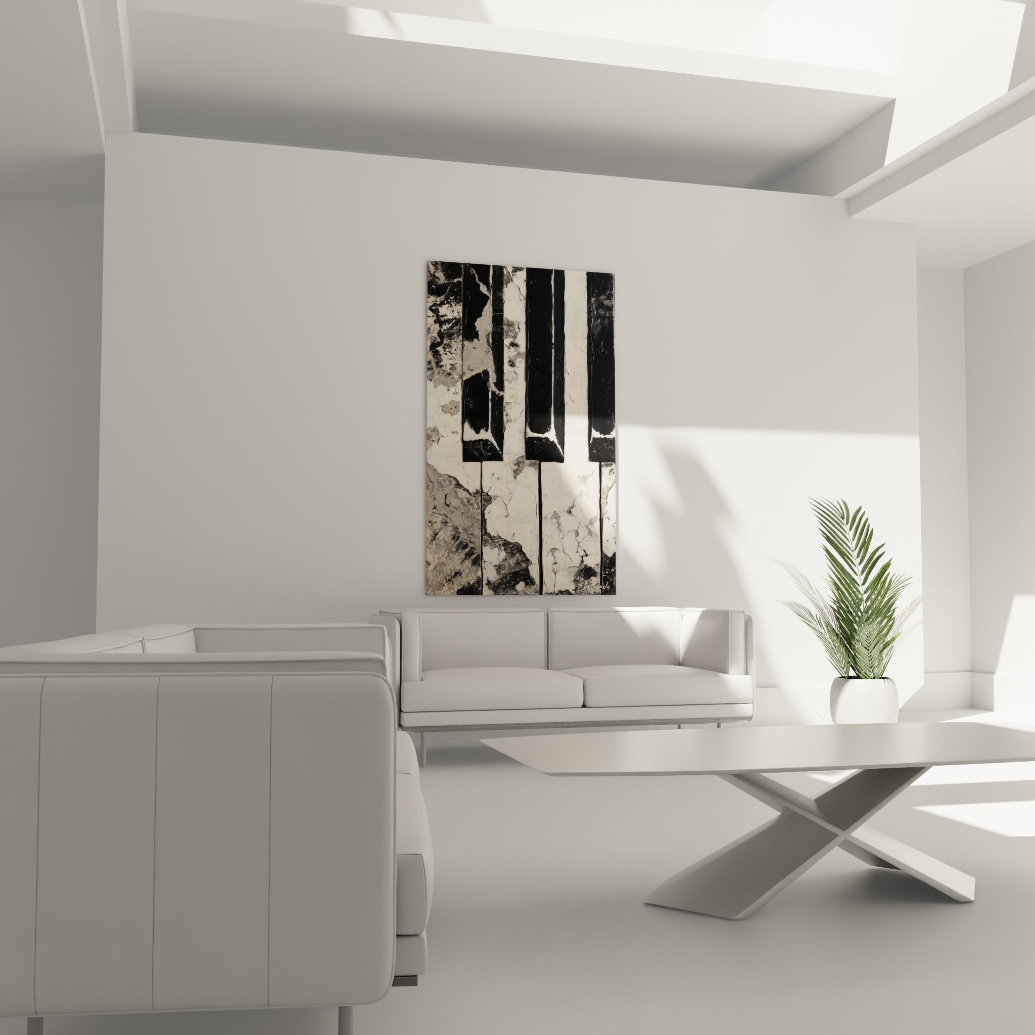 Instrument peint en noir profond et blanc fissuré, tableau Musique au-dessus d'un canapé dans un salon lumineux