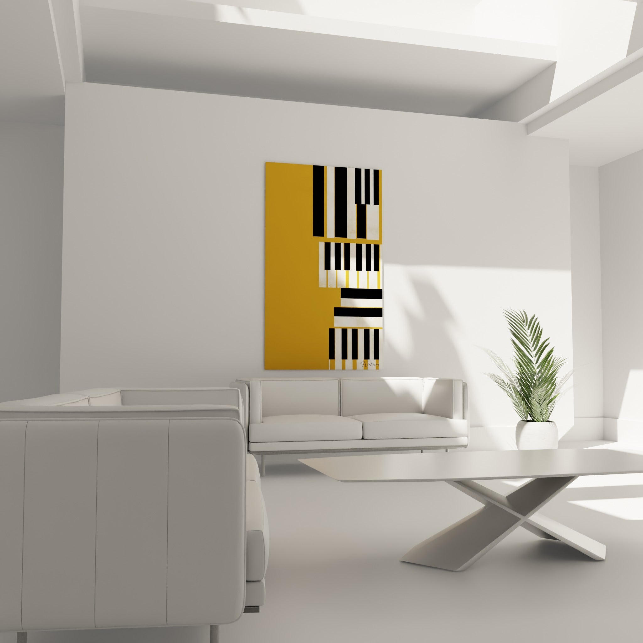 Motif de piano décomposé en bandes ocre, noires et blanches au-dessus d'un canapé dans un salon lumineux