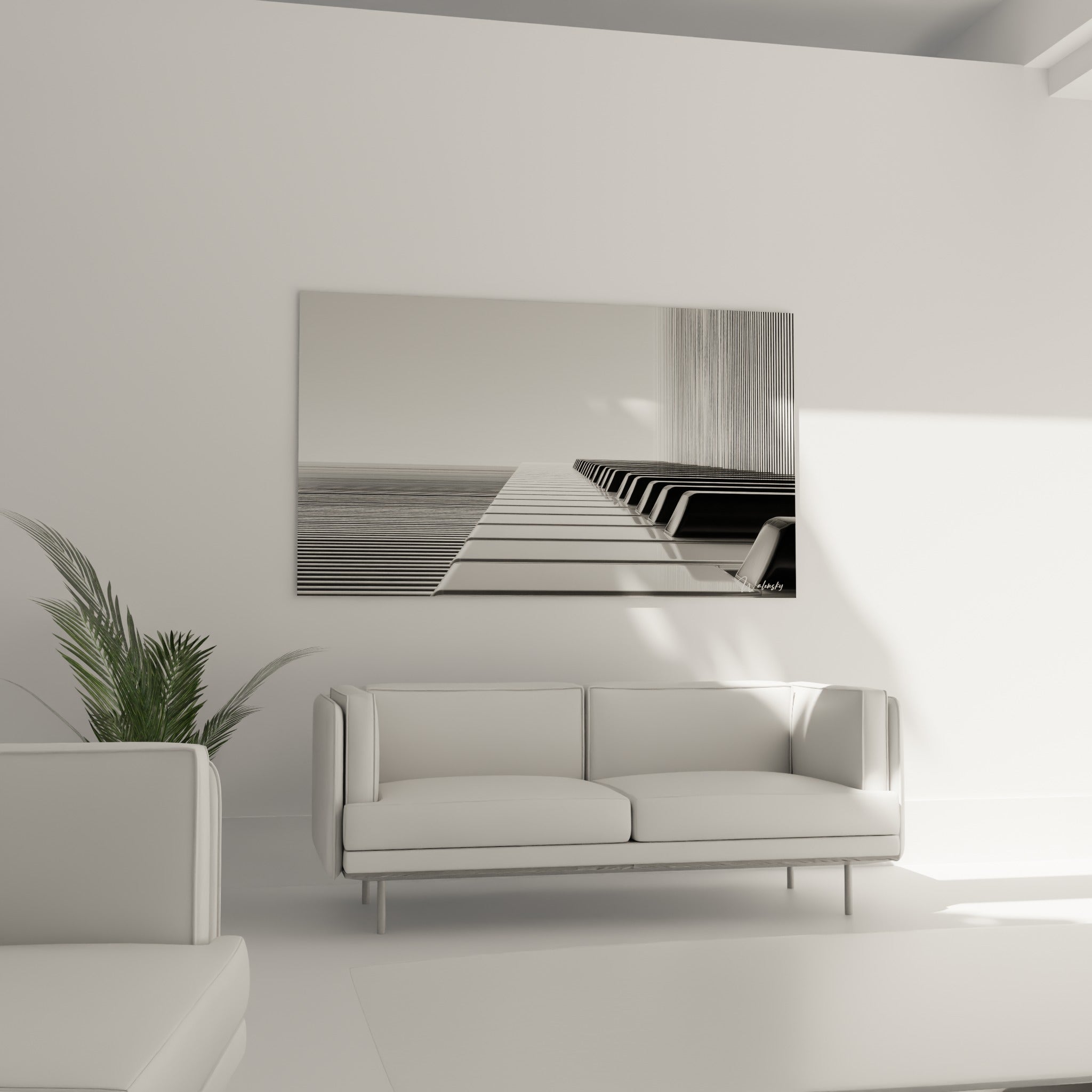 Piano graphique aux touches noires et blanches infinies, reflets métalliques, au-dessus d'un canapé dans un salon lumineux