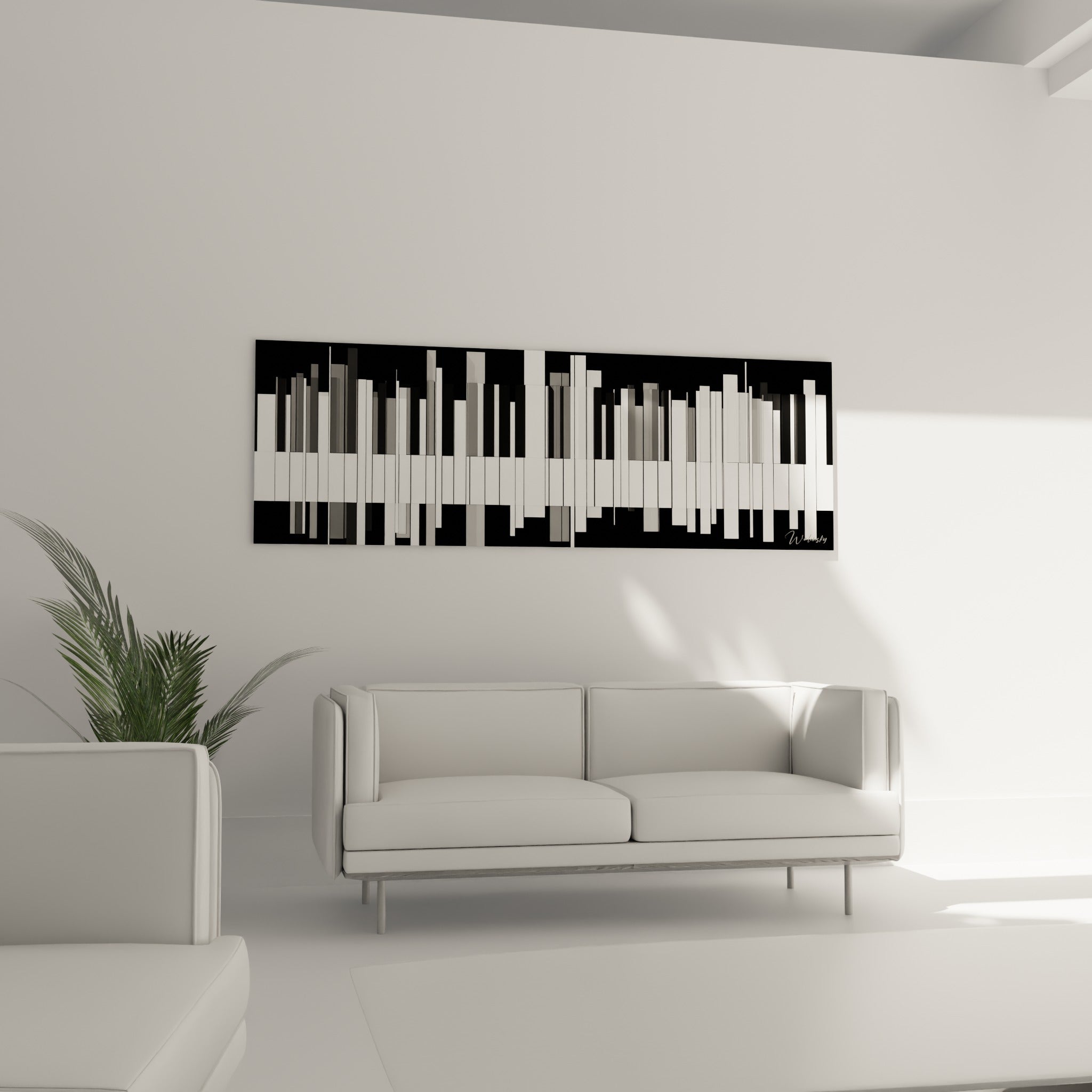 Musique en clavier fragmenté noir et blanc, au-dessus d'un canapé dans un salon lumineux