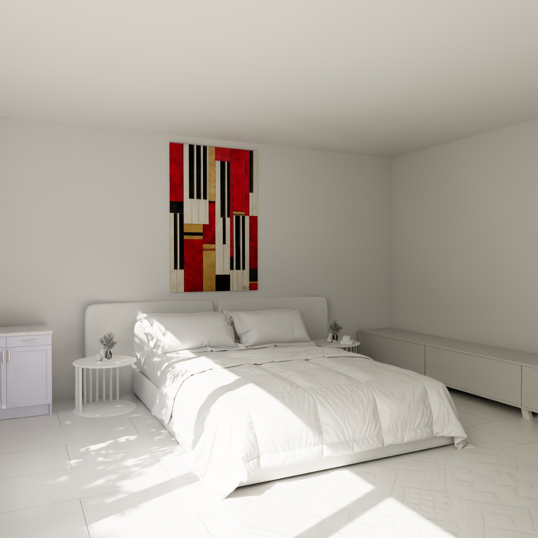 Blocs rouges et dorés inspirés du piano, lignes noires nettes, au-dessus d'un lit dans une chambre claire