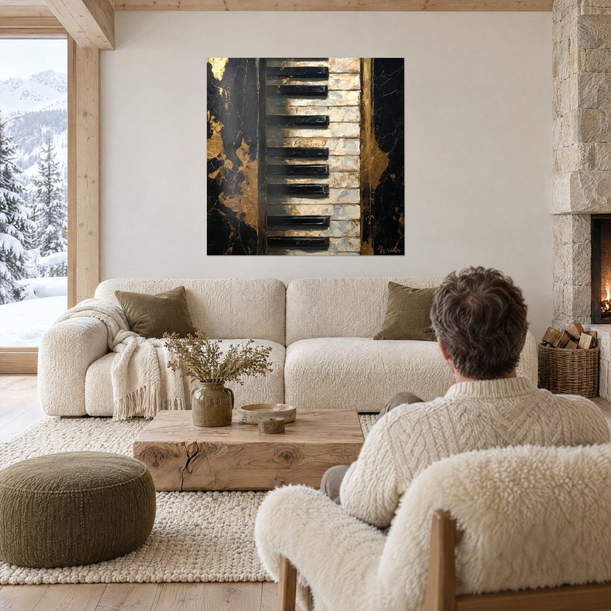 Tableau clavier de piano noir et or, touches d'ivoire et dorures marbrées, au-dessus d'un canapé dans un salon lumineux